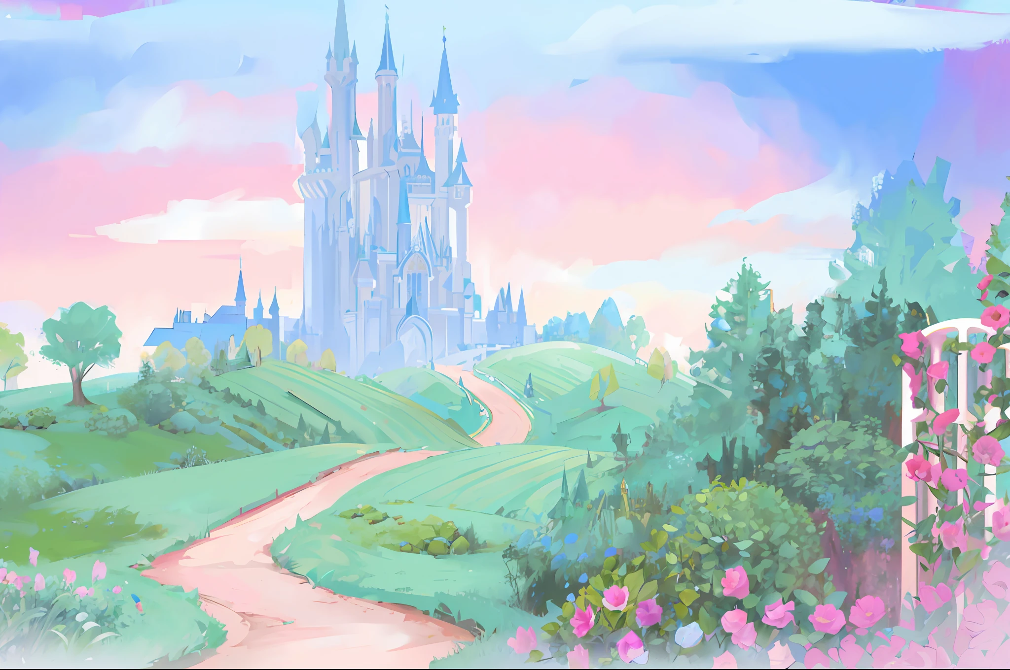 there is a picture of a castle in the background with a path, fairy tale style background, castle background, royal garden background, background is disneyland castle, disney inspired landscape, dark pastel castle background, palace background, disneyland background, castle setting, misty castle, magical castle, background artwork, background art, fantasy castle, fairy tale place, fairytale artwork, light kingdom backdrop