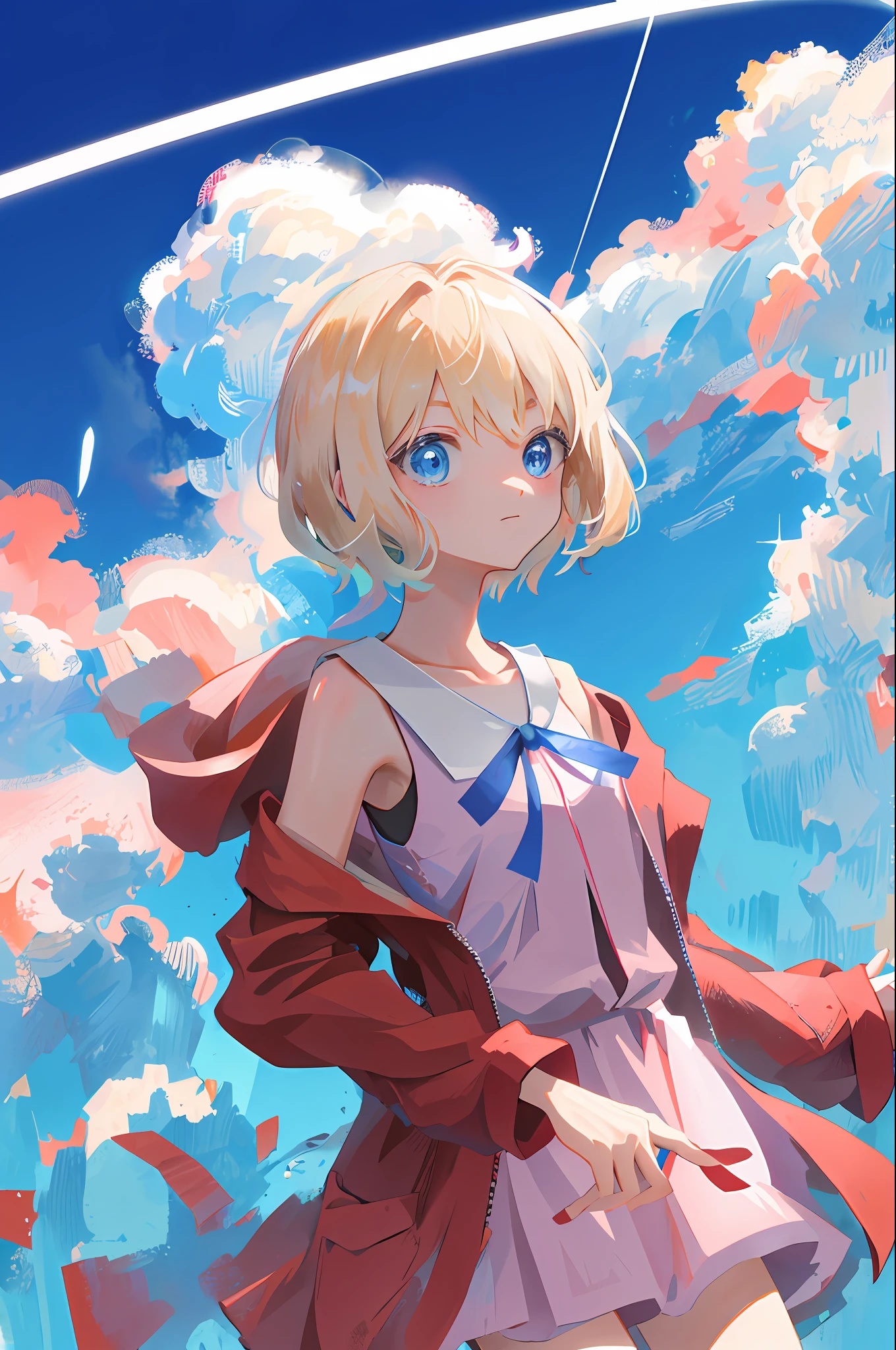 masterpiece, best quality, highres, serena \(pokemon\), short hair, blue eyes, 1girl, solo, blue ribbon, eyelashes, neck ribbon, sleeveless, bangs, collarbone, bare arms, pink dress , red coat, white background, front, no scenery, looking at the viewer,upper body, facing viewer, solid color background, clean background, facing the camera, high resolution, expressionless calm face, white back ground, looking away, simple_background