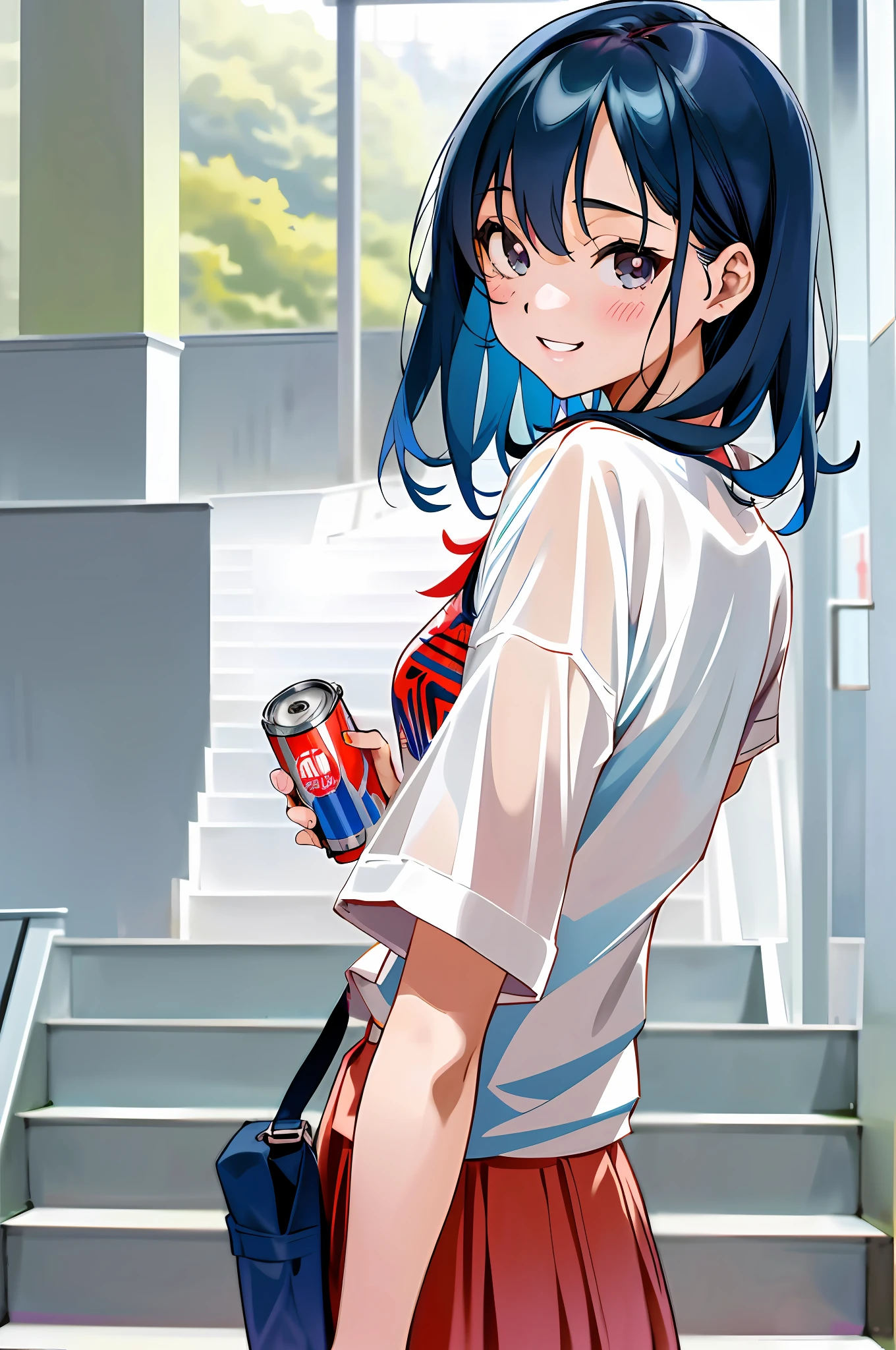 Girl looking back while climbing stairs, uniform, (holding a juice can in right hand: 1.5), young cute gravure idol, young sensual gravure idol, realistic young gravure idol, young gravure idol, young thin gravure idol, cute seductive smile, Japan model, sophisticated gravure idol, (high quality, 8k)