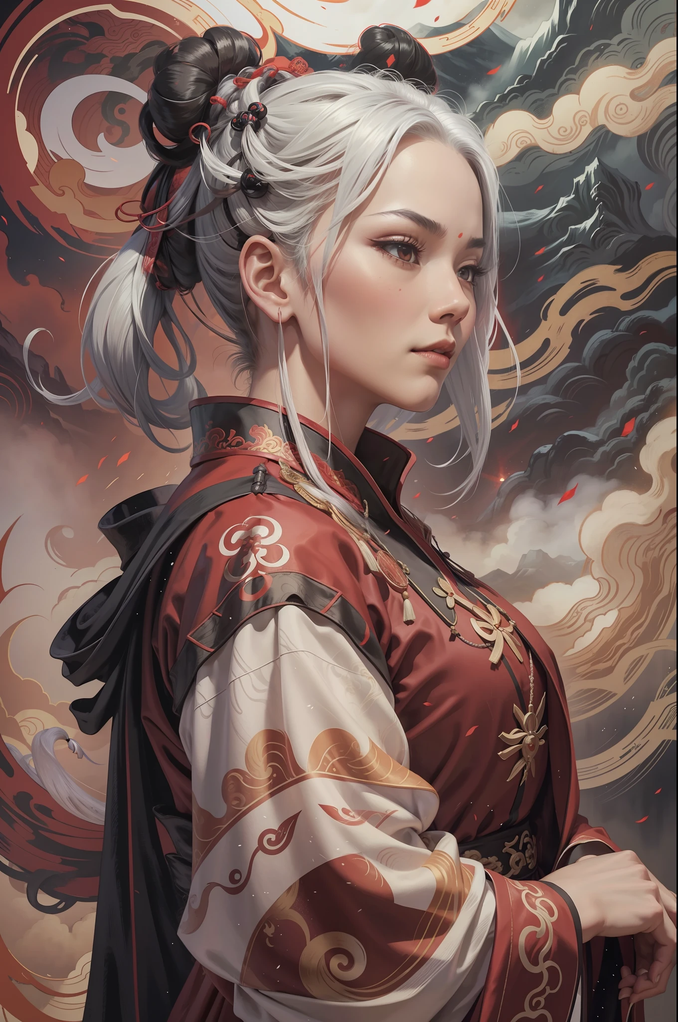 A female Taoist priest in a red and black robe, Behind the Taoist priest is a Chinese dragon, The background is mountains, There was a thick fog, river, black hair, white hair, silver hair, hair bun, short hair, lonely, Surrealism, atmospheric perspective, caustics, close-up, cowboy shot, high details, high quality, masterpiece, anatomically correct