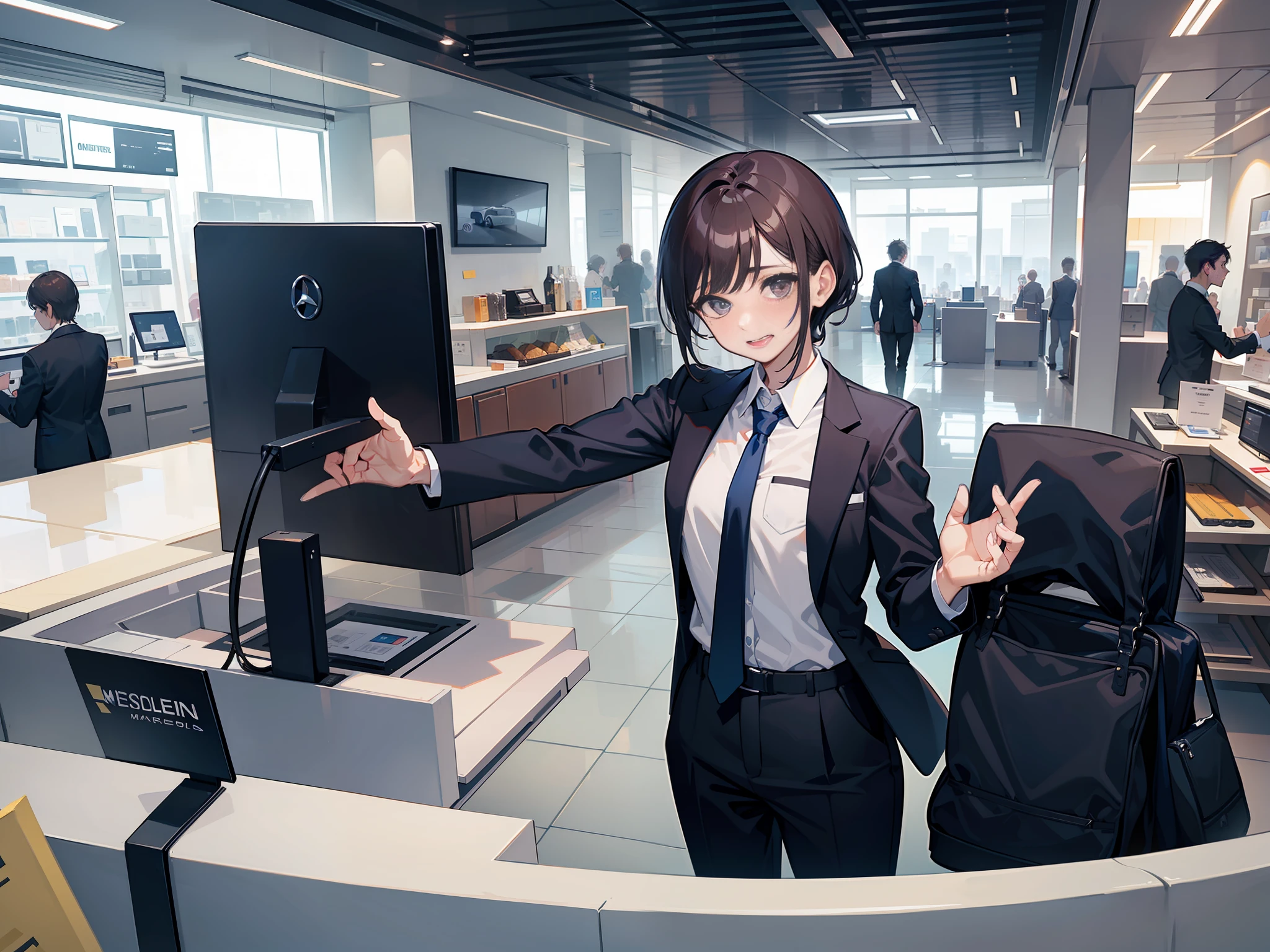 A female salesman and a male salesman, crying, in the Mercedes 4S store