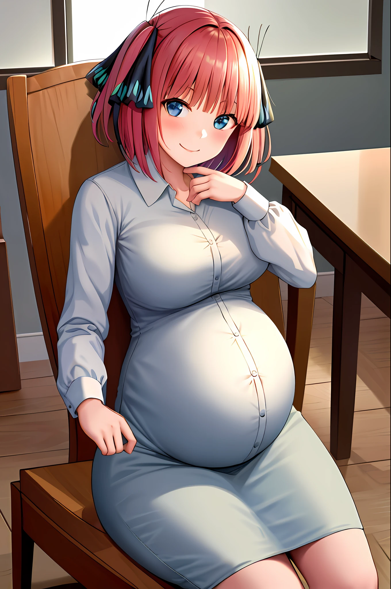 masterpiece, best quality, highres, nn1, 1girl, hair ribbon, short hair, indoor, cowboy shot, smile face, pregnant, sit, chair, age up, mature, hands on chest, breast out, large breast,