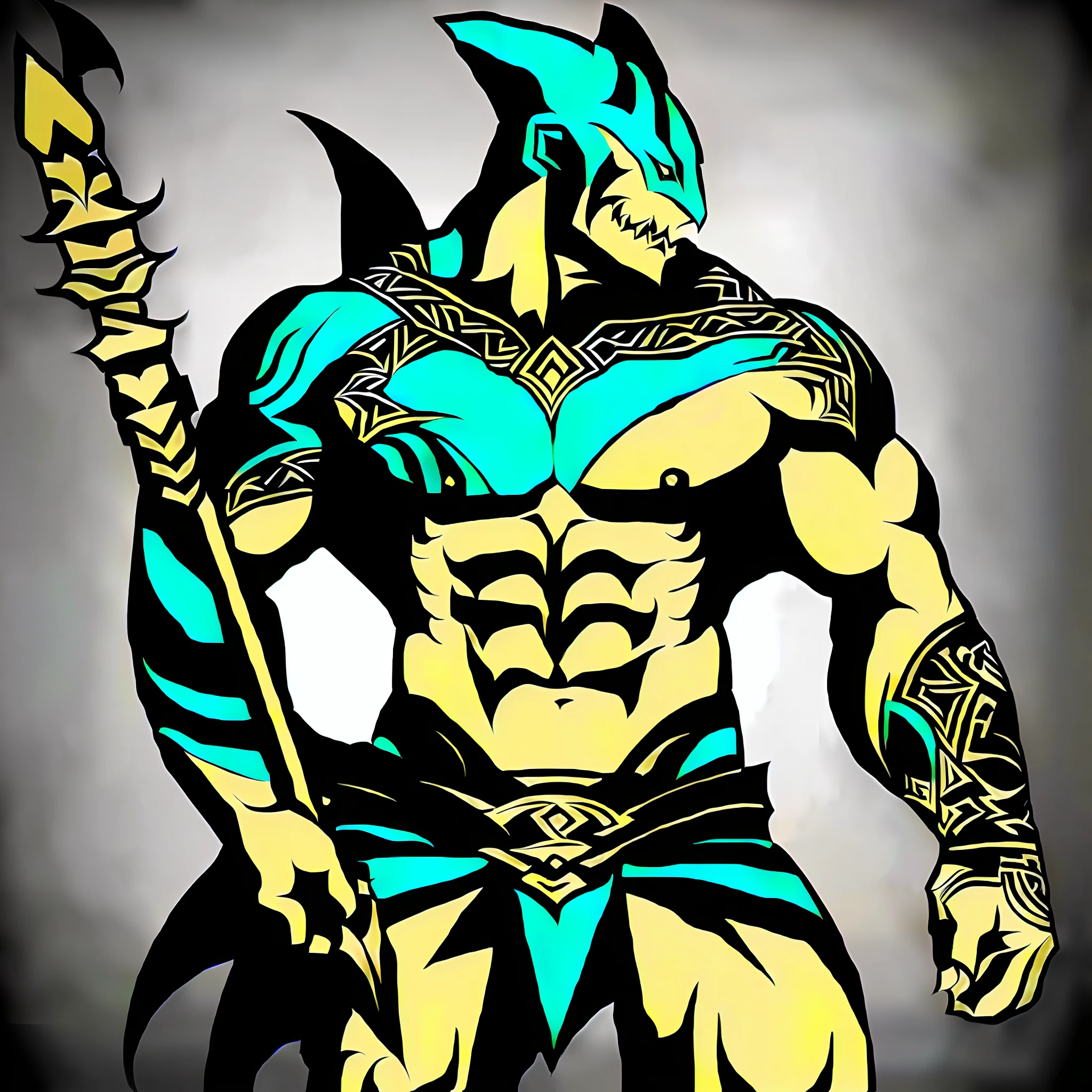 redraw, a man with a spear and a tattoo on his arm, maori, warrior character design, great character design, highly detailed character design, male character design, detailed full body, maori art, male warrior, full body, muscular character, character design, picture of an adult male warrior, high quality character design, shark man, shark skin, shark teeth, gray shark skin, shark head, wereshark, wereshark warrior, shark man warrior, male wereshark, savage wereshark, realistic, photorealism, hyper realistic, cyberpunk, neon blue