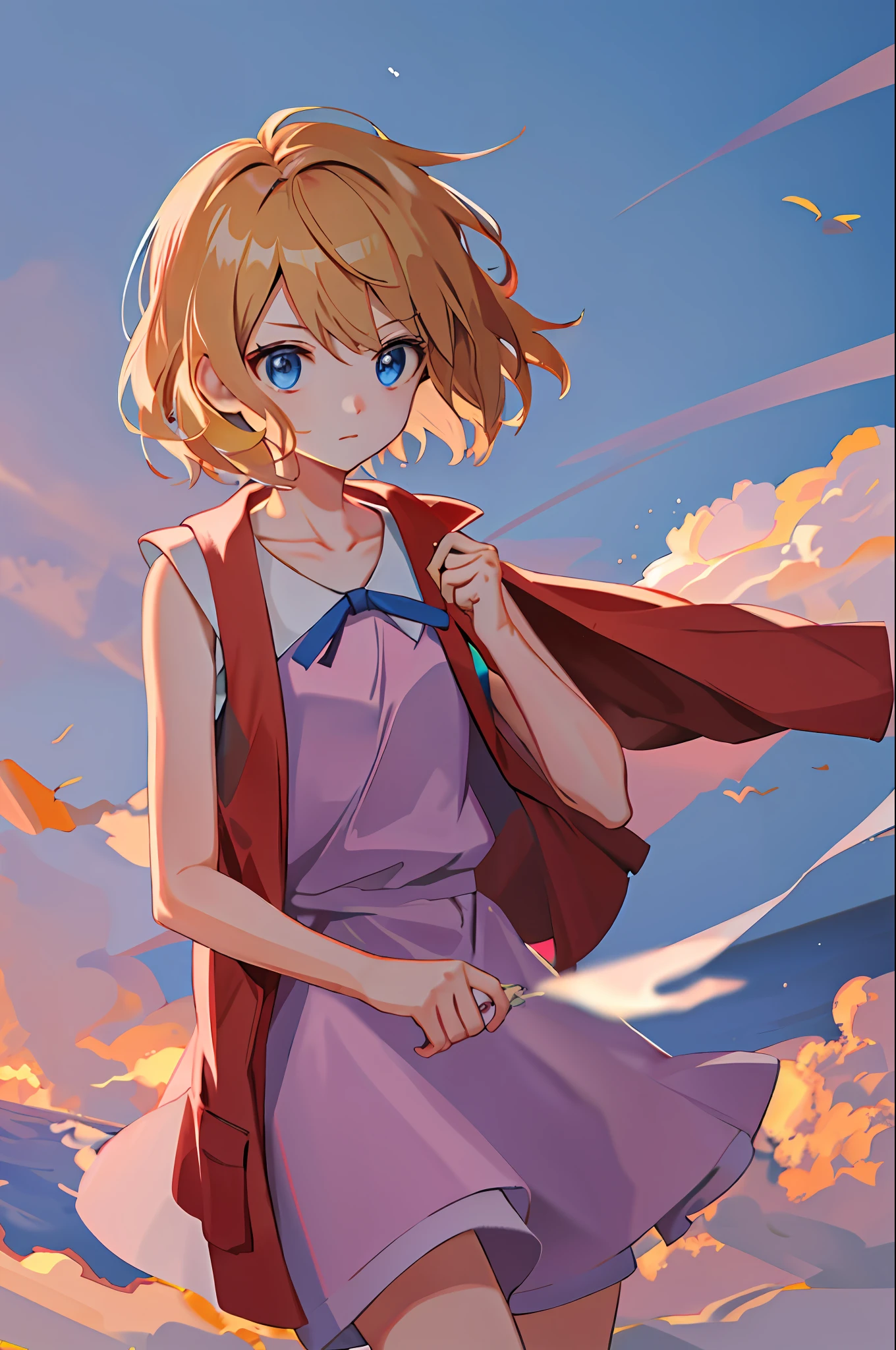 masterpiece, best quality, highres, serena \(pokemon\), short hair, blue eyes, 1girl, solo, blue ribbon, eyelashes, neck ribbon, sleeveless, bangs, collarbone, bare arms, pink dress , red coat, white background, front, no scenery, looking at the viewer,upper body, facing viewer, solid color background, clean background, facing the camera, high resolution, expressionless calm face, white back ground, looking away, simple_background