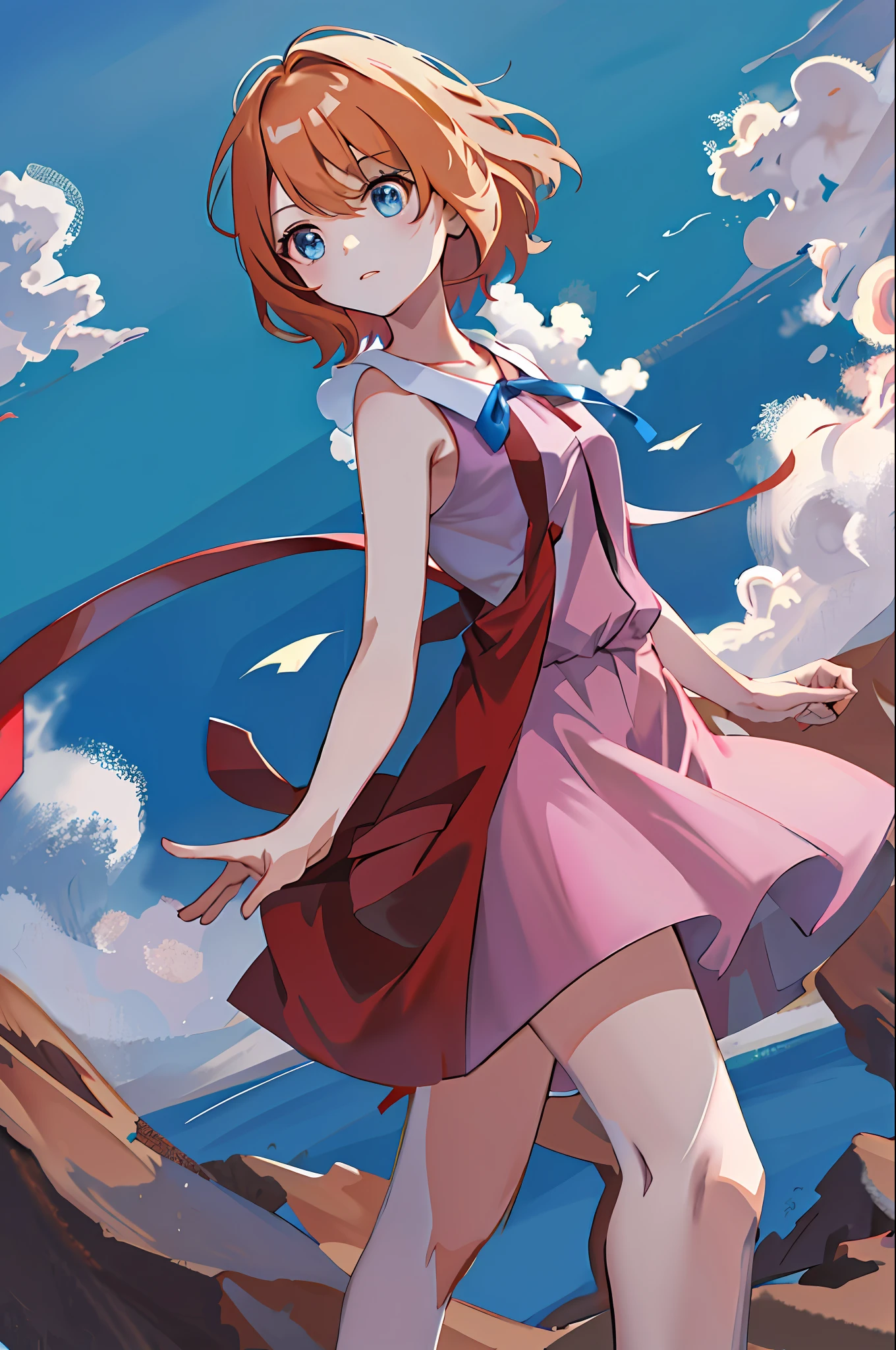 masterpiece, best quality, highres, serena \(pokemon\), short hair, blue eyes, 1girl, solo, blue ribbon, eyelashes, neck ribbon, sleeveless, bangs, collarbone, bare arms, pink dress , red coat, white background, front, no scenery, looking at the viewer,upper body, facing viewer, solid color background, clean background, facing the camera, high resolution, expressionless calm face, white back ground, looking away, simple_background