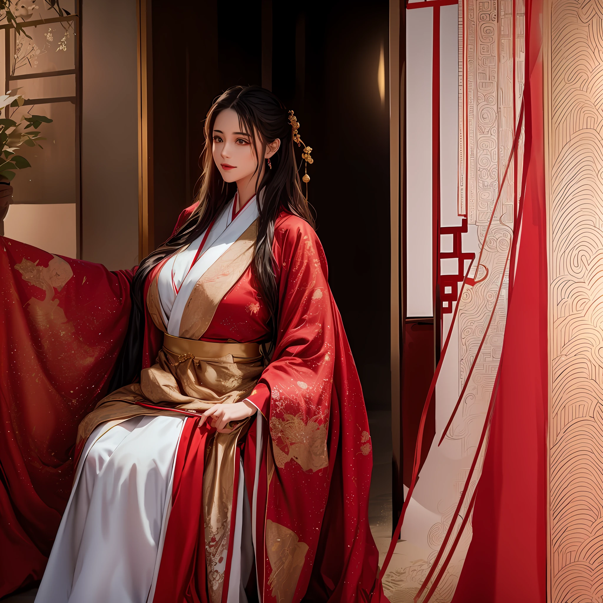 araffe woman in a red and gold dress sitting on a chair, hanfu, palace , a girl in hanfu, wearing ancient chinese clothes, wearing gilded red robes, white hanfu, with acient chinese clothes, traditional chinese clothing, chinese costume, flowing hair and long robes, inspired by Gu An, traditional chinese, wearing gilded red royal robes