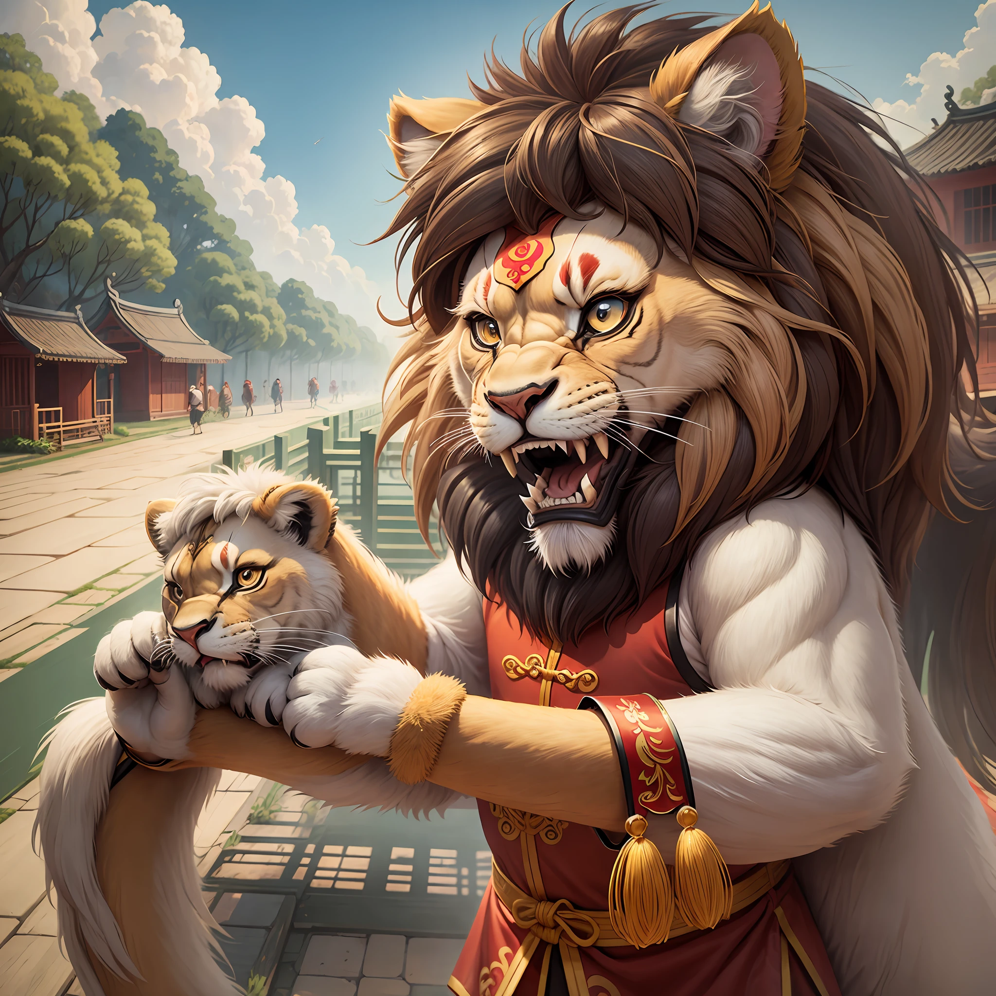 Guangdong, village, lion dance, cartoon drawing. --auto --s2