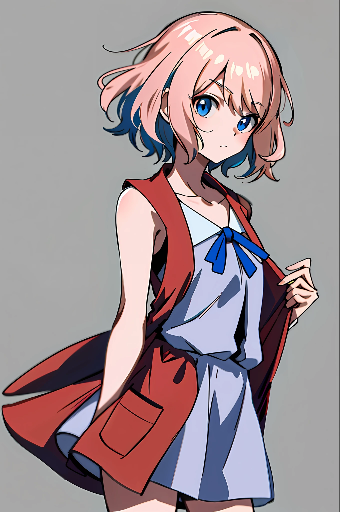 masterpiece, best quality, highres, serena \(pokemon\), short hair, blue eyes, 1girl, solo, blue ribbon, eyelashes, neck ribbon, sleeveless, bangs, collarbone, bare arms, pink dress , red coat, white background, front, no scenery, looking at the viewer,upper body, facing viewer, solid color background, clean background, facing the camera, high resolution, expressionless calm face, white back ground, looking away, simple_background