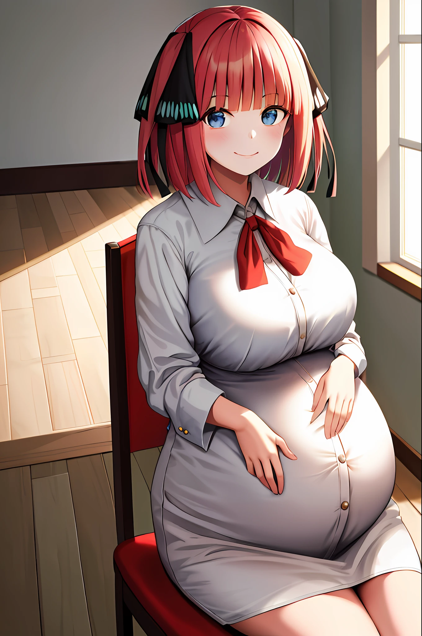 masterpiece, best quality, highres, nn1, 1girl, hair ribbon, short hair, indoor, cowboy shot, smile face, pregnant, sit, chair, age up, mature, hands on chest, breast out, large breast,