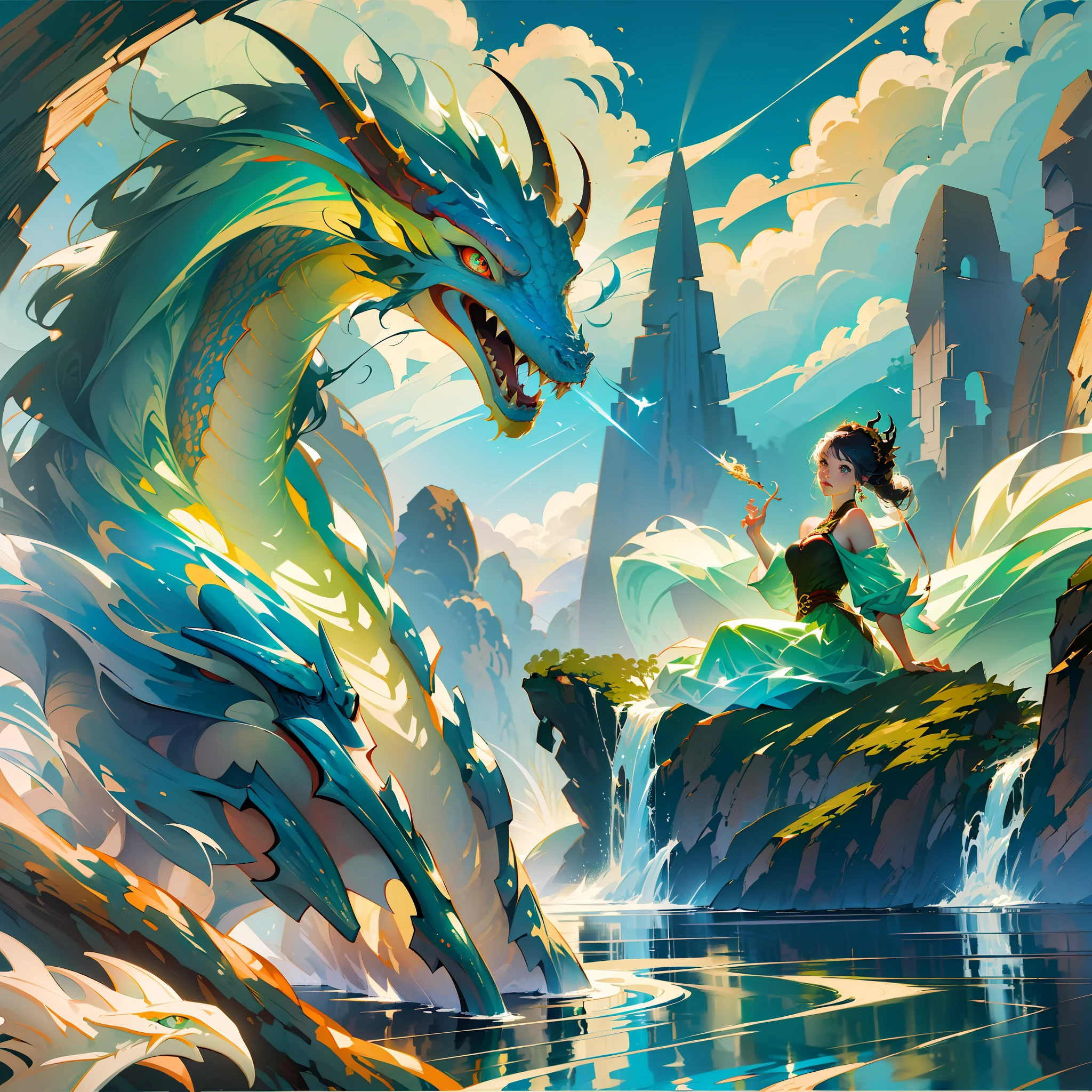Picture quality HD invincible (((masterpiece)), Shenlong, gorgeous and vivid ((color, light and shadow)), peak loop ((scene description)), lifelike ((depiction of features)), mythical creatures ((tag)), anime style ((picture style tag)), sitting on the water deliberately arranged ((picture arrangement)), Several mysterious dragons ((character description)), weird anthropomorphism ((character type)), Ahhhhh It is to be unusual dragons ((describing intent)). --auto --s2