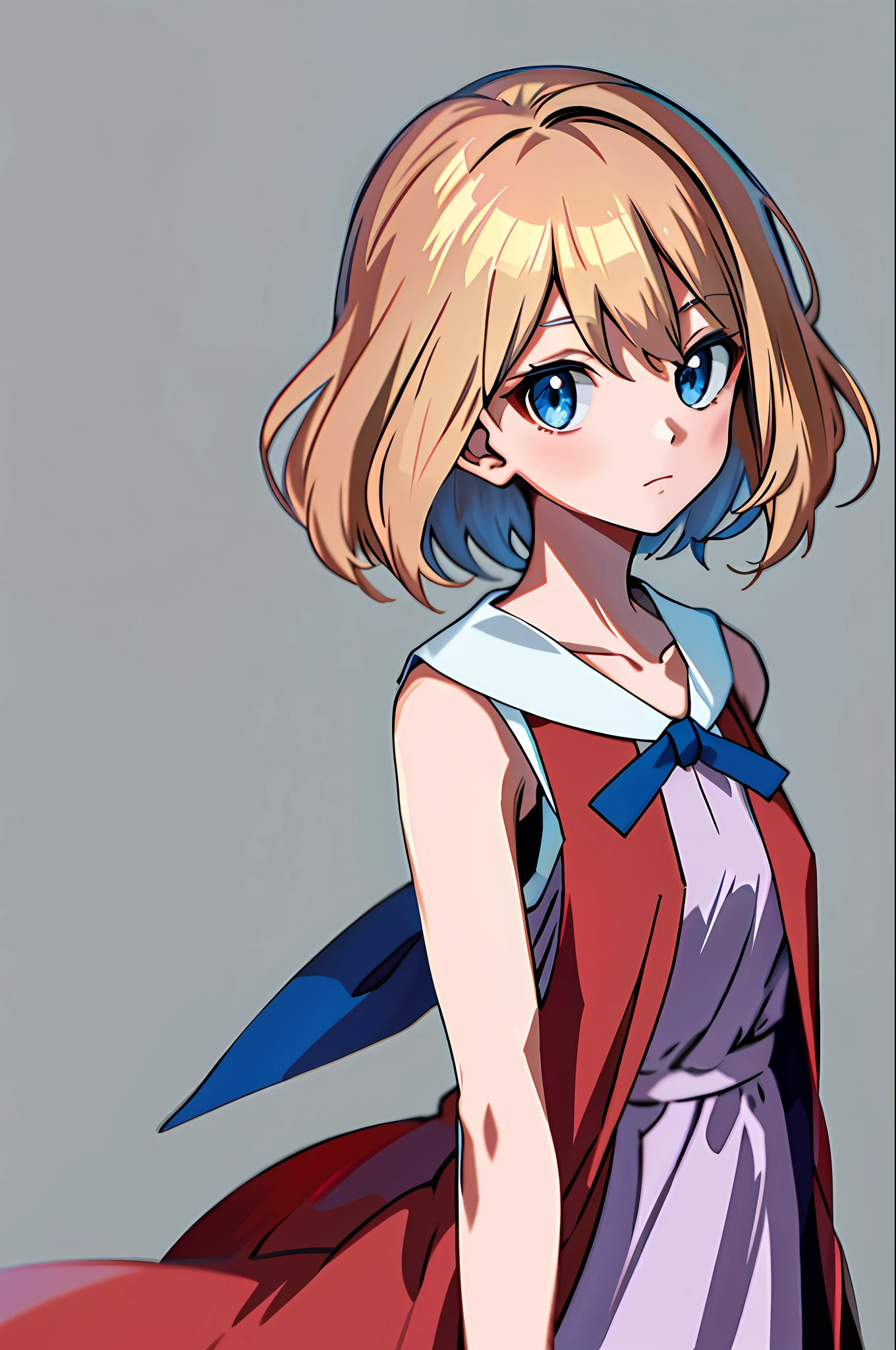 masterpiece, best quality, highres, serena \(pokemon\), short hair, blue eyes, 1girl, solo, blue ribbon, eyelashes, neck ribbon, sleeveless, bangs, collarbone, bare arms, pink dress , red coat, white background, front, no scenery, looking at the viewer,upper body, facing viewer, solid color background, clean background, facing the camera, high resolution, expressionless calm face, white back ground, looking away, simple_background