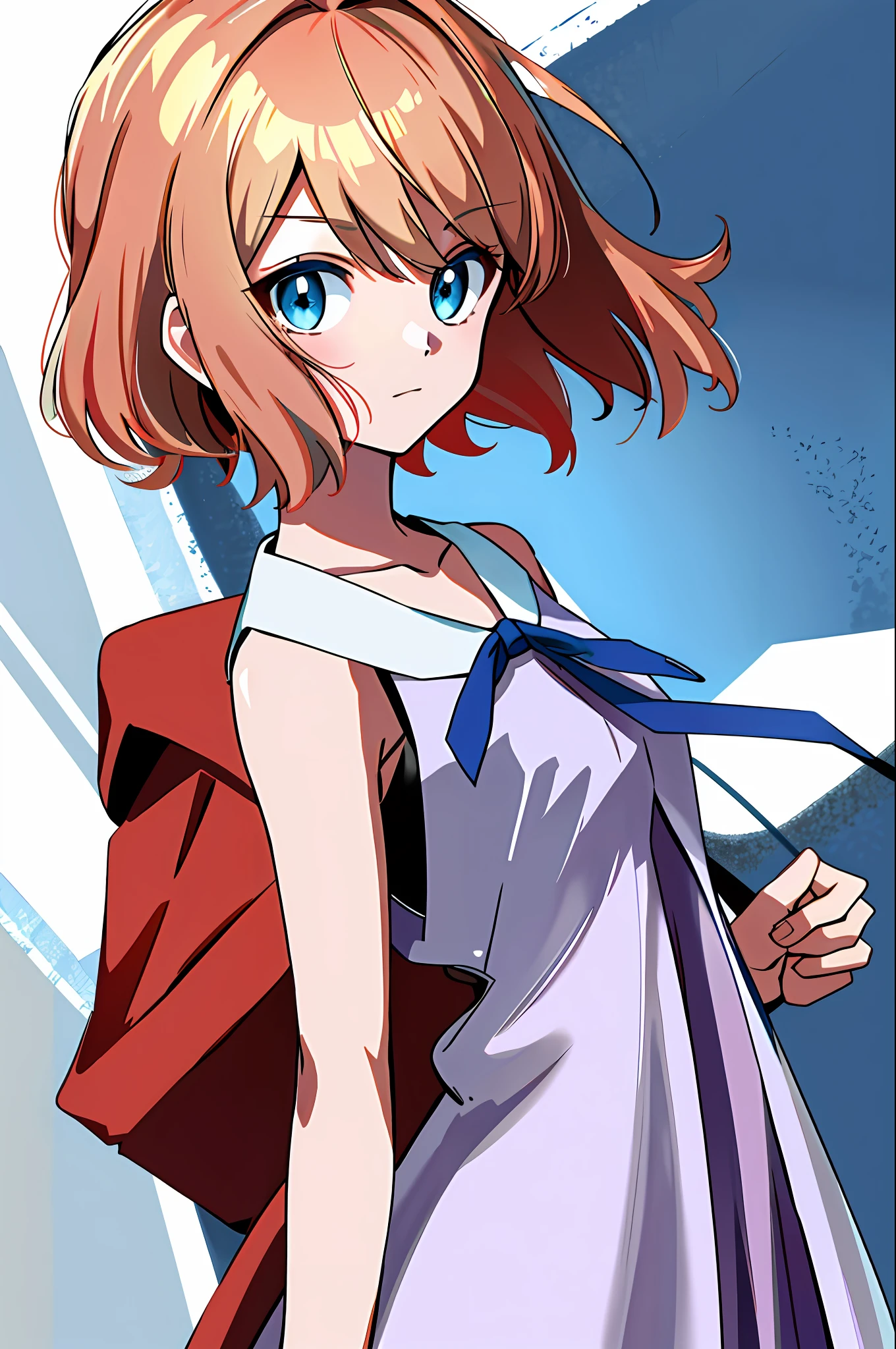 masterpiece, best quality, highres, serena \(pokemon\), short hair, blue eyes, 1girl, solo, blue ribbon, eyelashes, neck ribbon, sleeveless, bangs, collarbone, bare arms, pink dress , red coat, white background, front, no scenery, looking at the viewer,upper body, facing viewer, solid color background, clean background, facing the camera, high resolution, expressionless calm face, white back ground, looking away, simple_background
