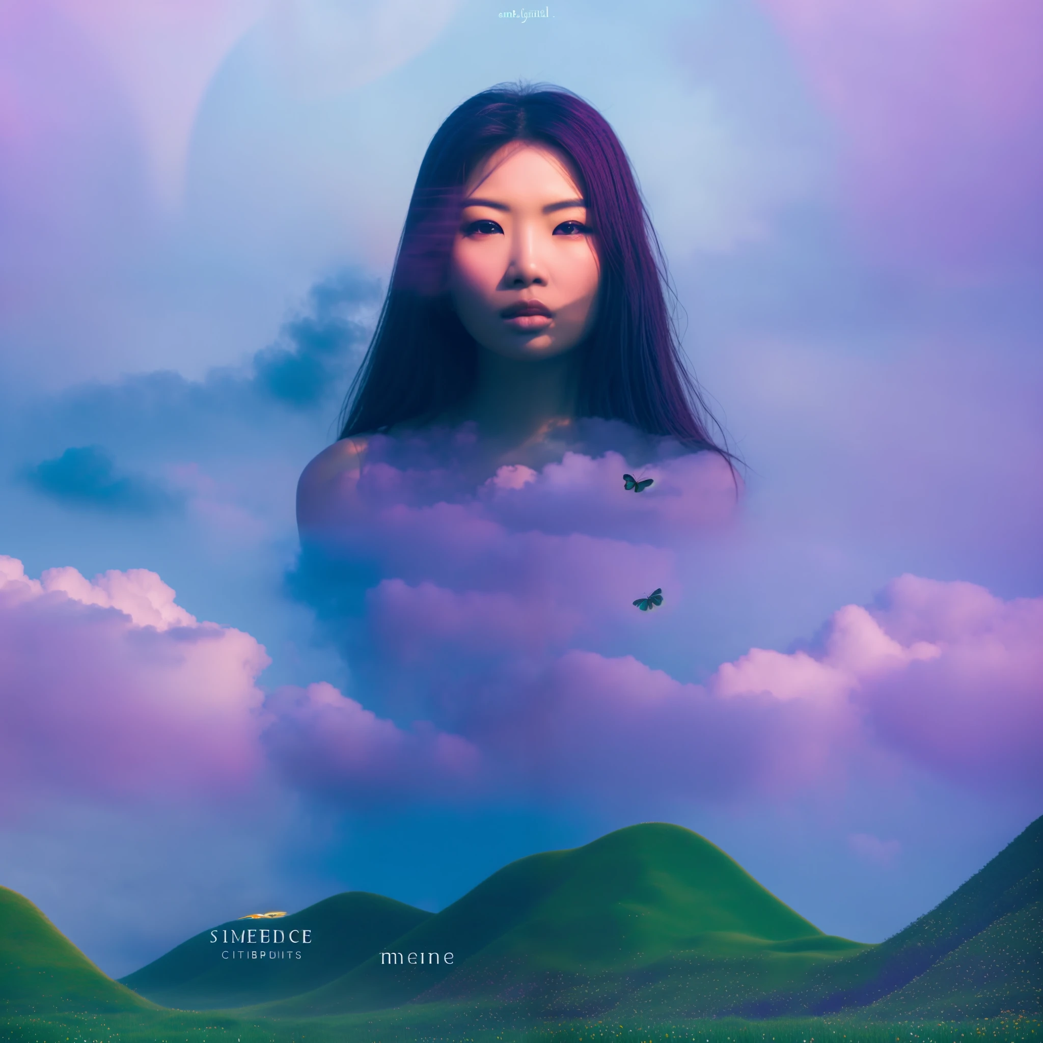 Album Title: Ameede
Artist: Ameede

Description of the Album Cover Art:

The album cover art for "Ameede" features an enchanting and surreal landscape that evokes a sense of melancholy and melodrama. The scene is set against a backdrop of misty clouds, with hints of ethereal blues and purples creating a dreamlike atmosphere.

At the center of the image stands Ameede, an Asian woman with a mesmerizing presence. She is depicted in a slightly translucent form, subtly merging with her surroundings. Her eyes reflect a hint of sadness and introspection, capturing the essence of the album's emotional themes.

The foreground of the image showcases a vibrant field of grass, gently swaying in an unseen breeze. The grass is adorned with delicate, intricate butterflies, their wings featuring a myriad of vibrant colors. These butterflies symbolize the album's themes of transformation, freedom, and fragility. Some butterflies are in mid-flight, adding a sense of movement and life to the image.

As the mist rises from the grassy landscape, it intertwines with the clouds above, creating a mystical and otherworldly effect. The mist forms tendrils that delicately wrap around Ameede, representing her connection to nature and the transcendent qualities of her music.