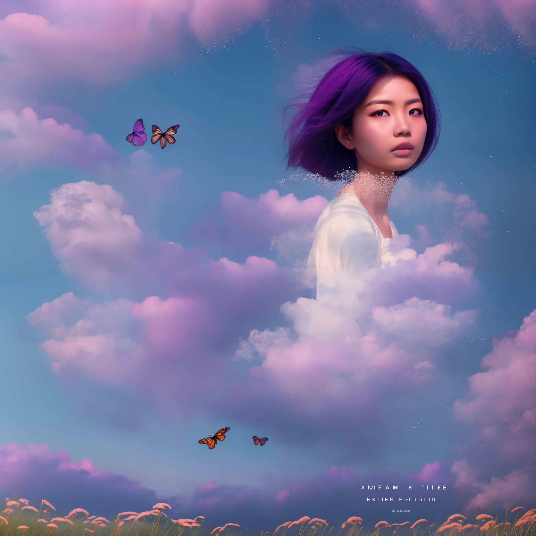 Album Title: Ameede
Artist: Ameede

Description of the Album Cover Art:

The album cover art for "Ameede" features an enchanting and surreal landscape that evokes a sense of melancholy and melodrama. The scene is set against a backdrop of misty clouds, with hints of ethereal blues and purples creating a dreamlike atmosphere.

At the center of the image stands Ameede, an Asian woman with a mesmerizing presence. She is depicted in a slightly translucent form, subtly merging with her surroundings. Her eyes reflect a hint of sadness and introspection, capturing the essence of the album's emotional themes.

The foreground of the image showcases a vibrant field of grass, gently swaying in an unseen breeze. The grass is adorned with delicate, intricate butterflies, their wings featuring a myriad of vibrant colors. These butterflies symbolize the album's themes of transformation, freedom, and fragility. Some butterflies are in mid-flight, adding a sense of movement and life to the image.

As the mist rises from the grassy landscape, it intertwines with the clouds above, creating a mystical and otherworldly effect. The mist forms tendrils that delicately wrap around Ameede, representing her connection to nature and the transcendent qualities of her music.