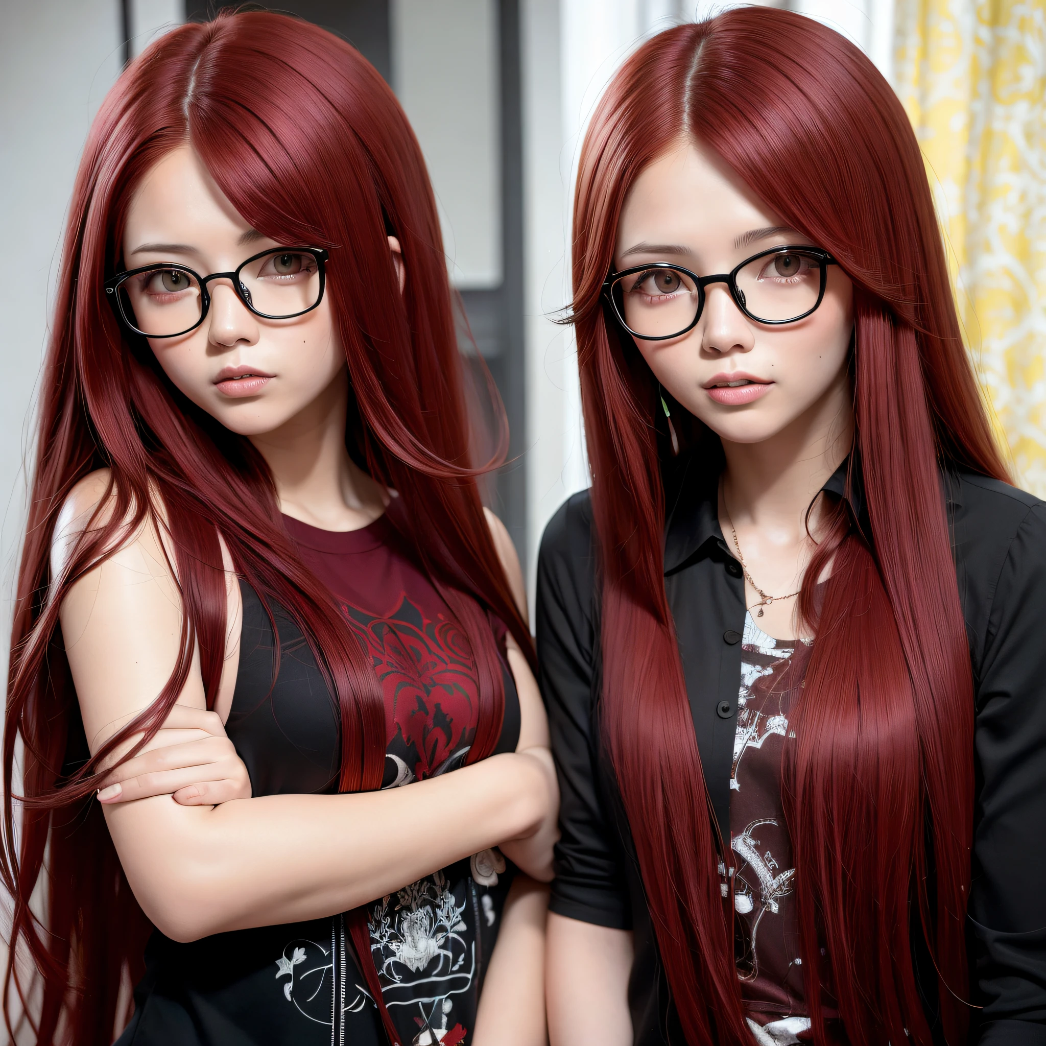 two women with long red hair and glasses posing for a picture, ayami kojima and lyde caldwell, beautiful sci - fi twins, two beautiful anime girls, with long red hair, beautiful gemini twins portrait, anime style”, red crimson crimson hair, with red hair, black and red hair, red dyed hair, anime-style, black and red hair hair