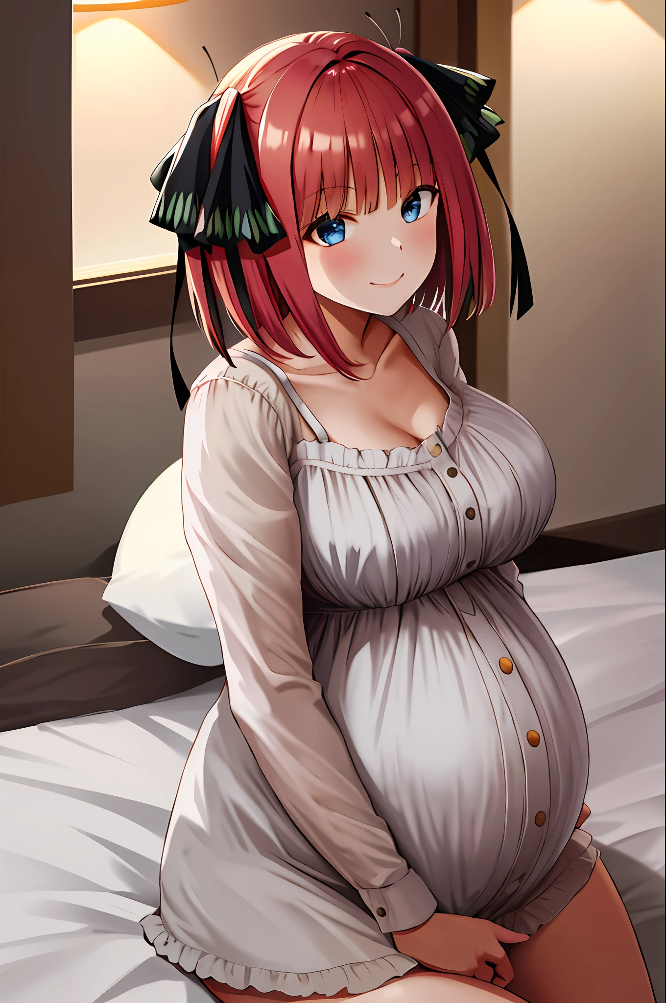 masterpiece, best quality, highres, nn1, 1girl, hair ribbon, short hair, indoor, cowboy shot, smile face, pregnant, sit, bed, age up, mature, hands on chest, breast out, large breast, night dress,