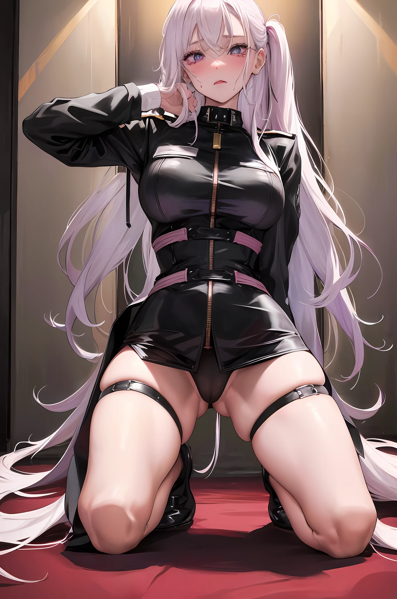 Lower body focus, masterpiece, top quality, darkness, prison, cold expression, expressionless, long white hair, light pink lips, calm, triple band, purple pupils, , facial details, correct limbs, golden ratio, (NSFW:1.0), ung woman, protruding crotch, saliva at the corner of her mouth, wearing a tight black military uniform, kneeling on the ground, opening her thighs to reveal red panties, Tightly strangled by panties, revealing a shy expression, blushing,