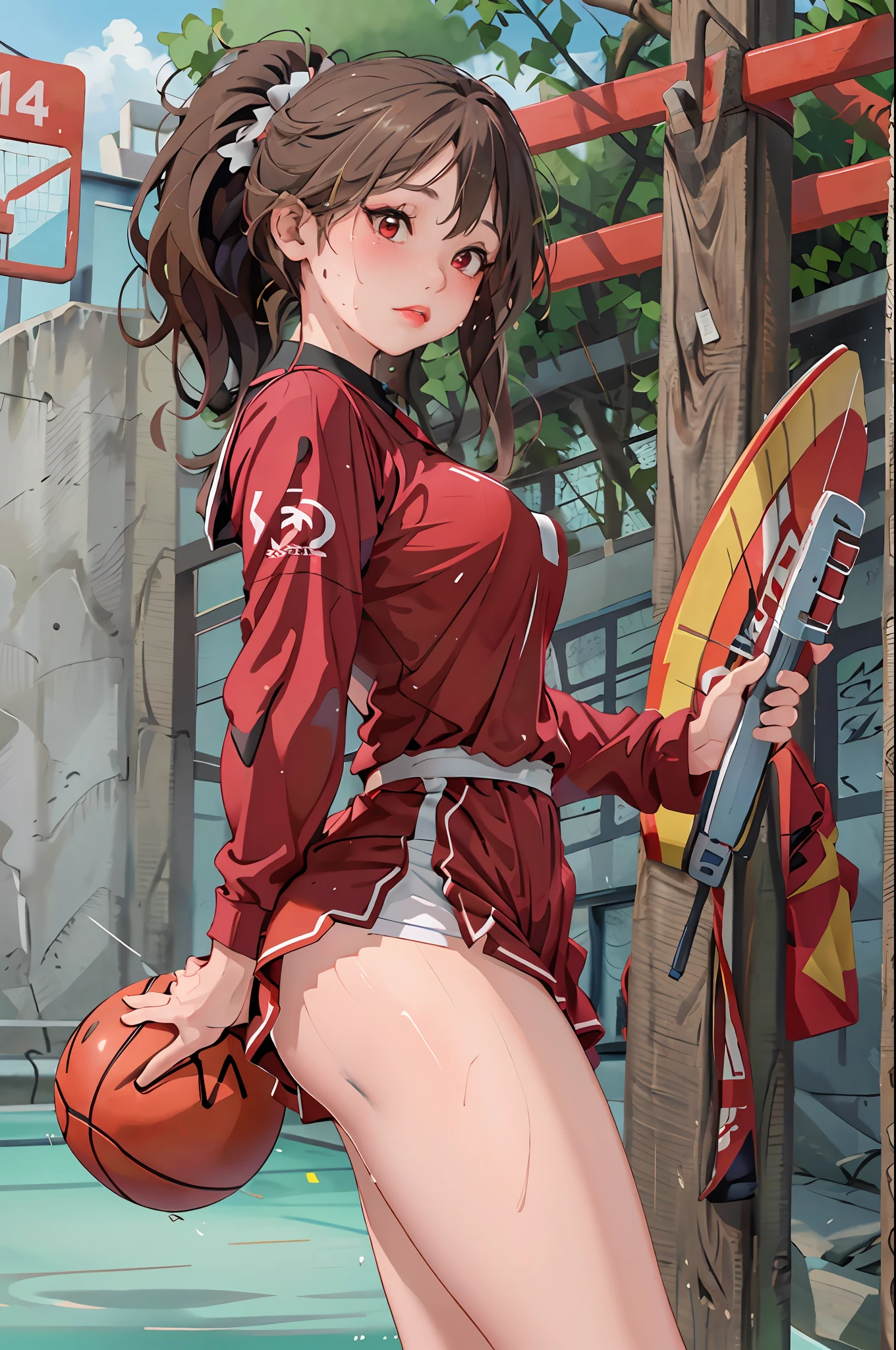 Masterpiece: 1.2, best quality), realistic, (real picture, rich details details, depth of field), (1girl, solo), makeup, cleft lip, high detail, perfect face shape, (big breasts: 1.4), (skindentation), thick thighs, wide buttocks, Thin waist, tall, coral, red lips, red eyes, ponytail (girl playing basketball, red basketball suit), (sweat: 1.2), (wet), sexy, blush