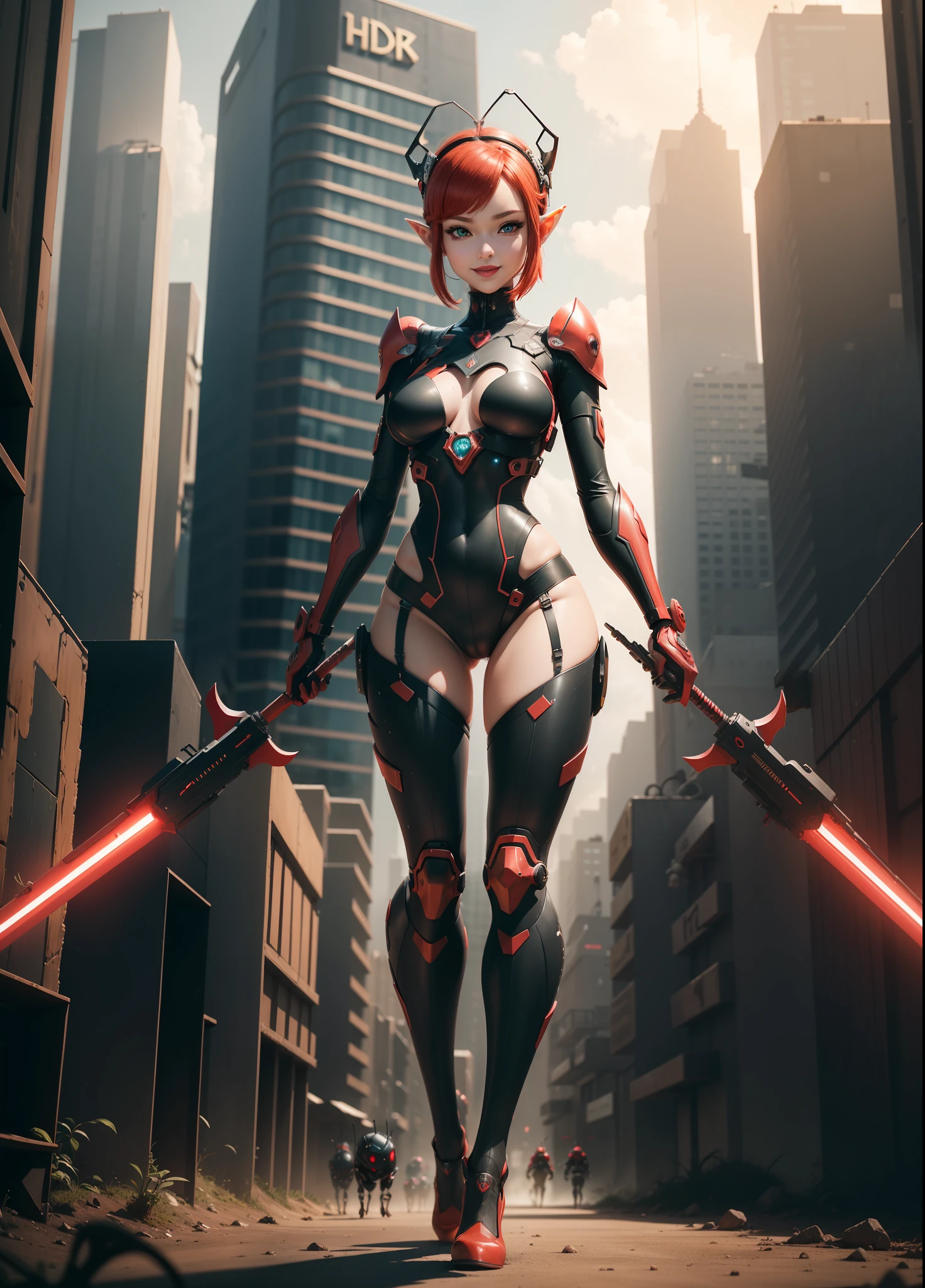 (Full body),Princess Zelda as humanoid ant with antennae, large breasts, (red and black/bionic ant body suit with weapons attached), looking at the viewer, smile, face with red cheek, red lipstick on her mouth, she has very short red hair and green eyes, she is in a futuristic city, 16k, highres, best quality, award-winning, high details, anatomically correct, masterpiece, UHD, ccurate, retina