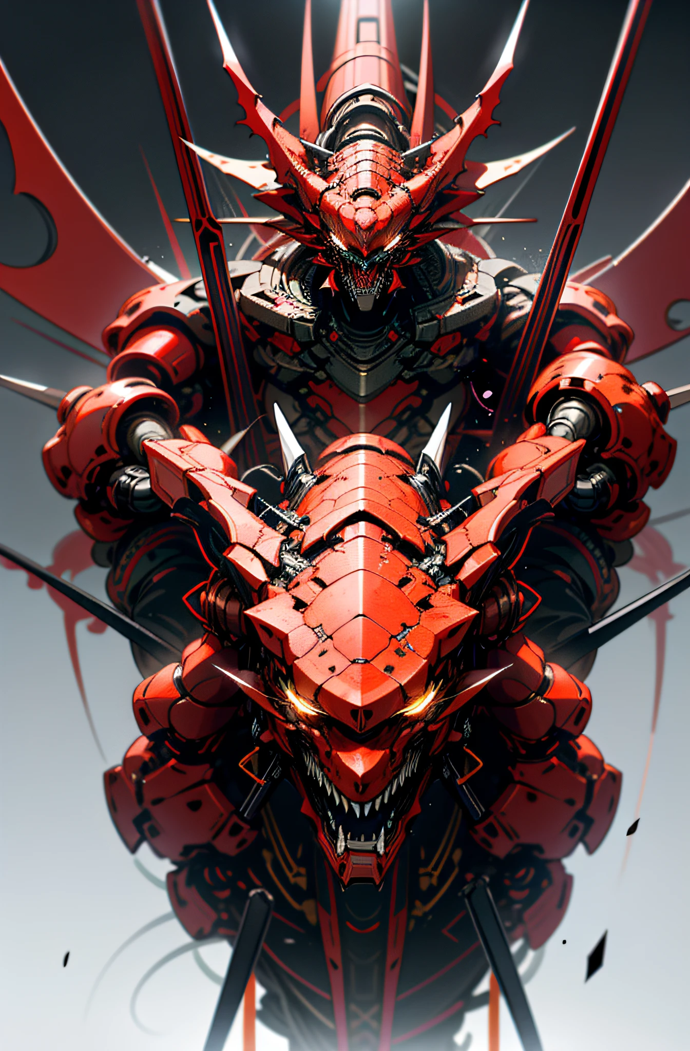 Dark_Fantasy, Cyberpunk, 8K with clear details (holding a Fang Tian Halberd, riding an Eastern Hell Demon Dragon mecha, Red: 1.1), 1 person, mechanical miracle, robot existence, cybernetics guardian, beauty High contrast