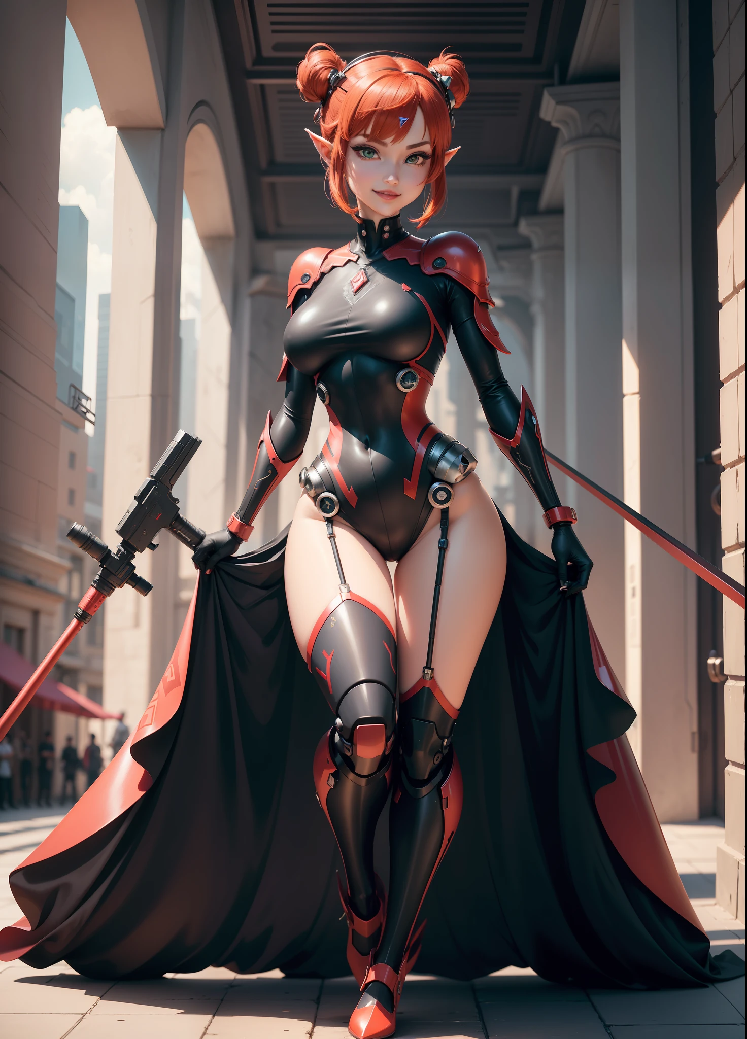 (Full body),Princess Zelda as humanoid ant with antennae, large breasts, (red and black/bionic ant body suit with weapons attached), looking at the viewer, smile, face with red cheek, red lipstick on her mouth, she has very short red hair and green eyes, she is in a futuristic city, 16k, highres, best quality, award-winning, high details, anatomically correct, masterpiece, UHD, ccurate, retina