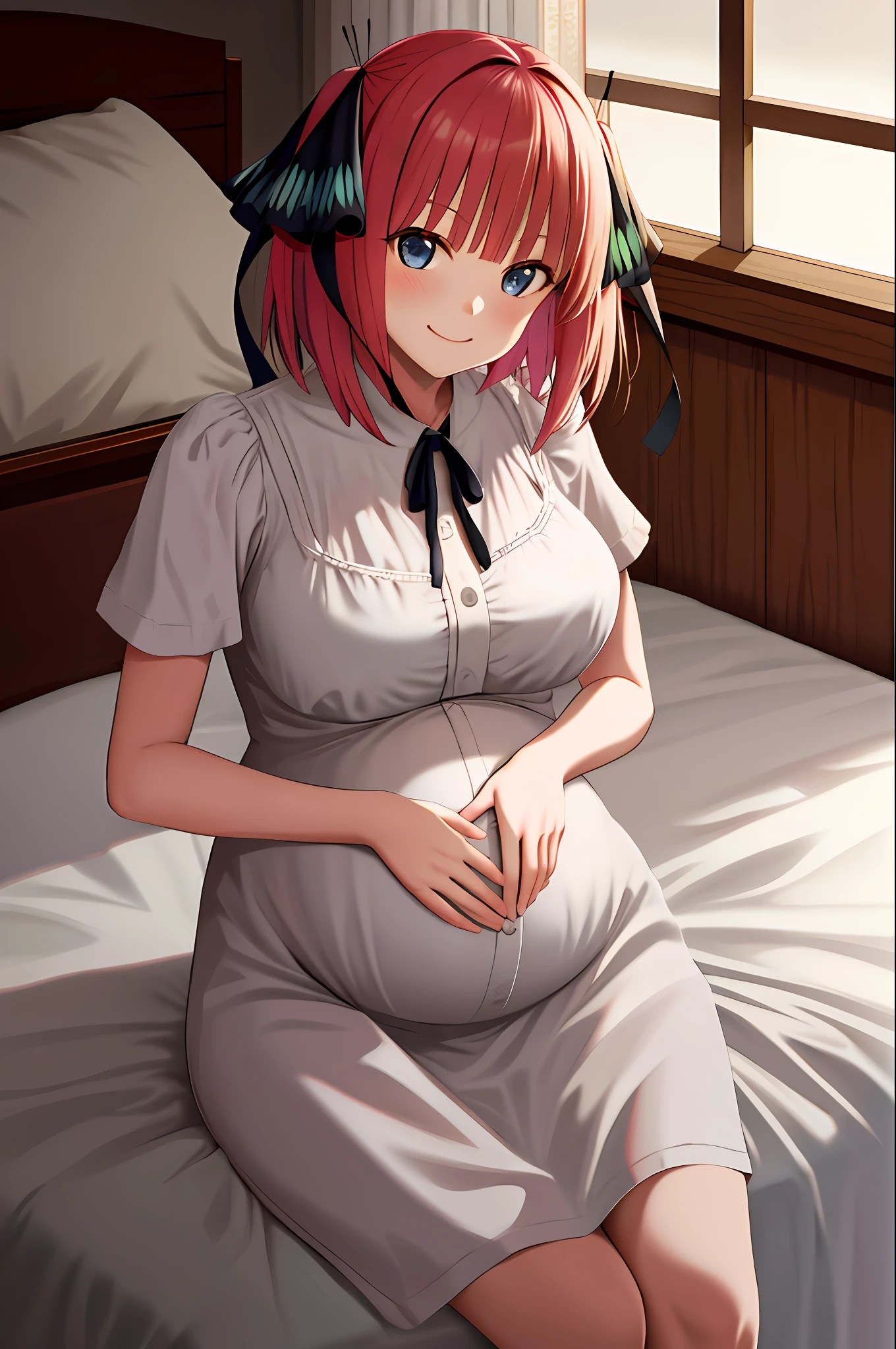 masterpiece, best quality, highres, nn1, 1girl, hair ribbon, short hair, indoor, cowboy shot, smile face, pregnant, sit, bed, age up, mature, hands on chest, breast out, large breast, night dress,