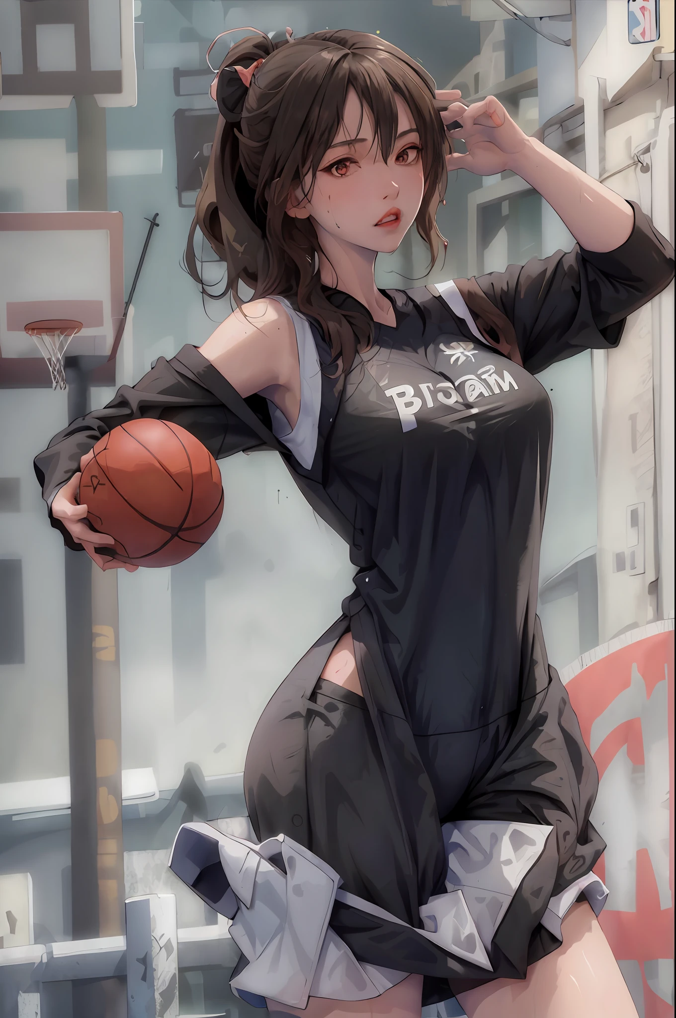 Masterpiece: 1.2, best quality), realistic, (real picture, rich details details, depth of field), (1girl, solo), makeup, cleft lip, high detail, perfect face shape, (big breasts: 1.4), (skindentation), thick thighs, wide buttocks, Thin waist, tall, coral, red lips, red eyes, ponytail, (((((basketball girl, transparent black basketball suit)))), (sweat: 1.2), (wet), sexy, blushing, sweaty