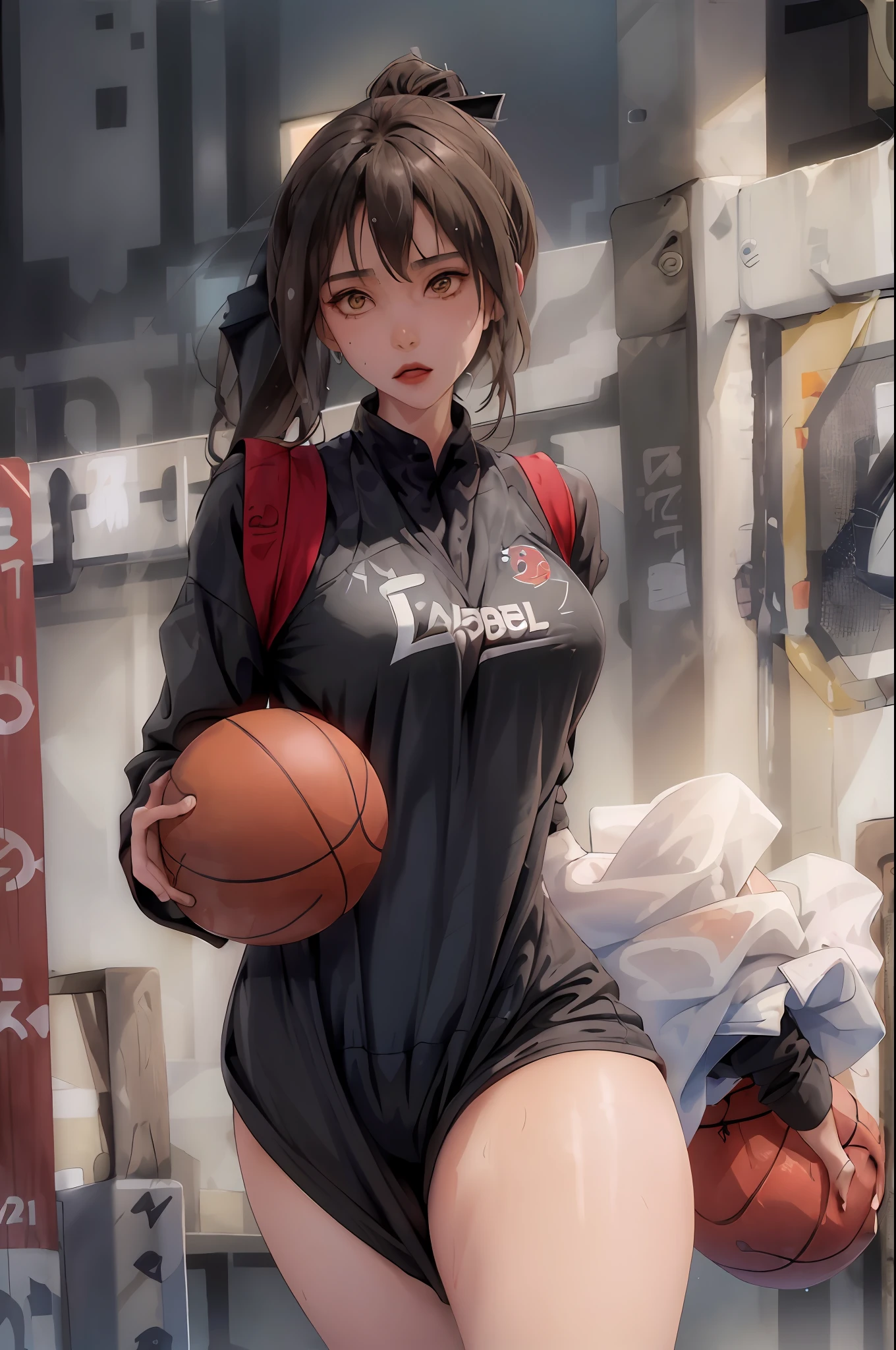 Masterpiece: 1.2, best quality), realistic, (real picture, rich details details, depth of field), (1girl, solo), makeup, cleft lip, high detail, perfect face shape, (big breasts: 1.4), (skindentation), thick thighs, wide buttocks, Thin waist, tall, coral, red lips, red eyes, ponytail, (((((basketball girl, transparent black basketball suit)))), (sweat: 1.2), (wet), sexy, blushing, sweaty
