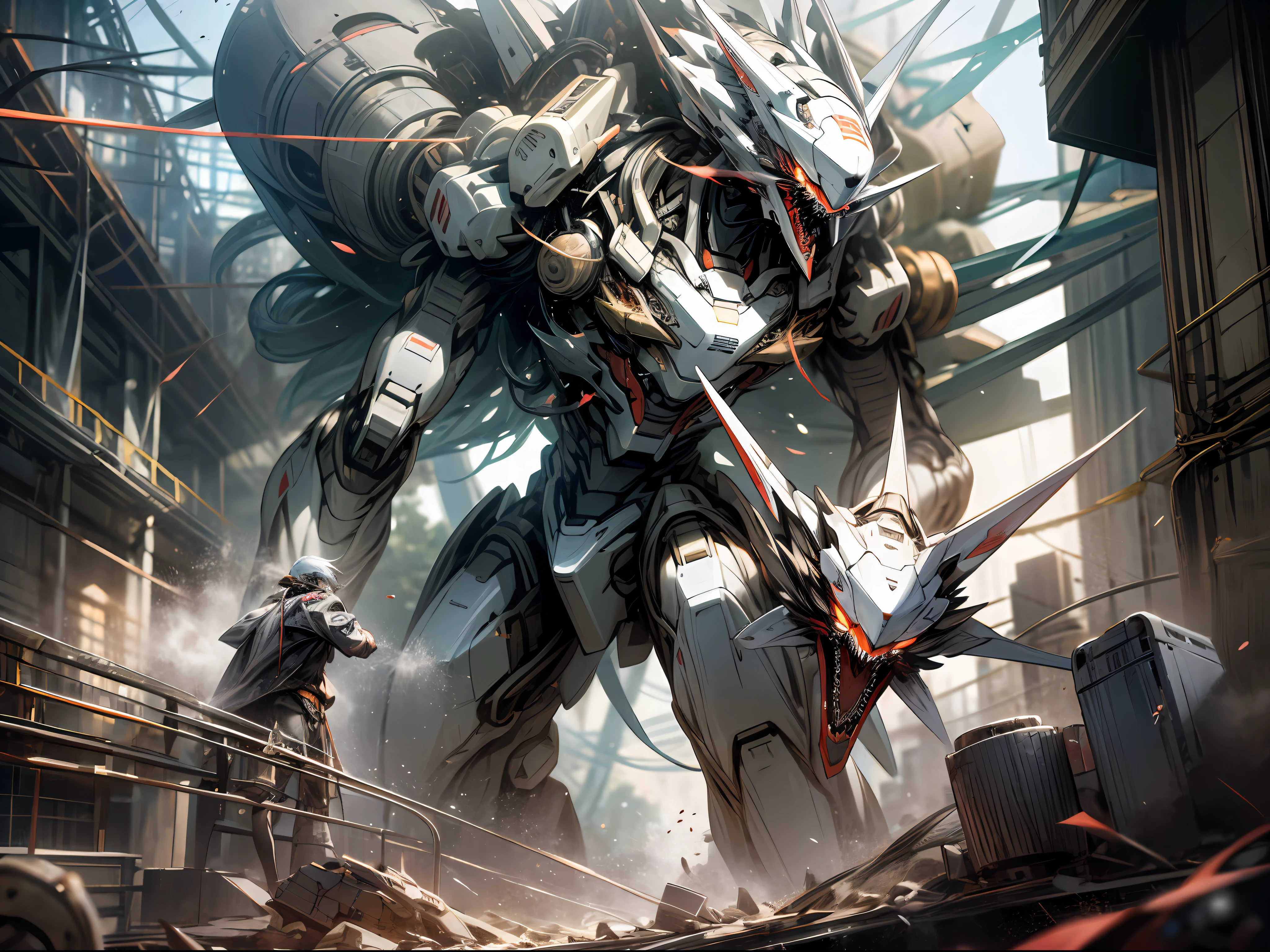 Enormous monster liked Mecha, long body, slender, epic, aura, masterpiece, ultra detailed, ray tracing, desperate, sadness, shout, open mouth, crying, in action