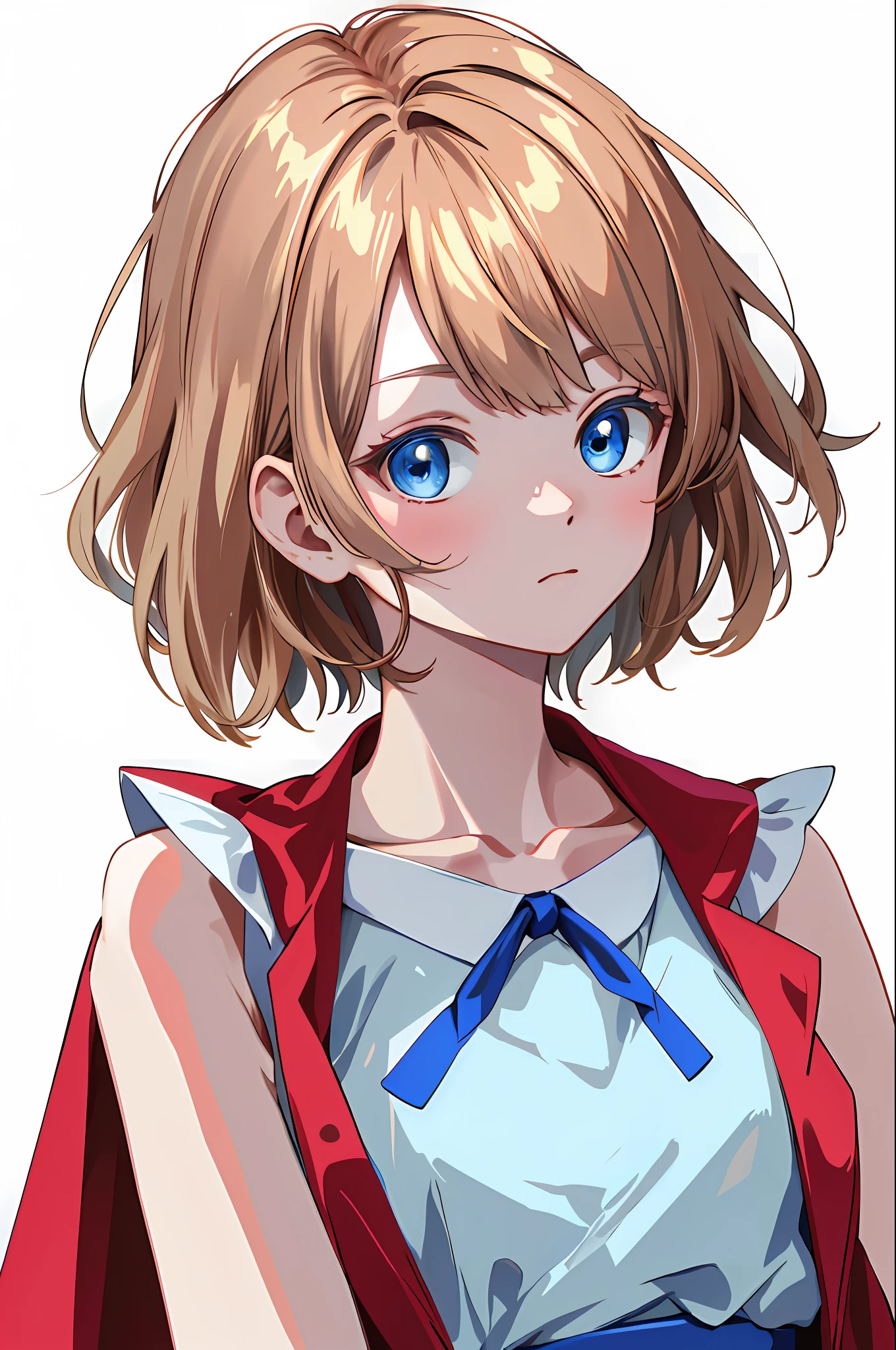 masterpiece, best quality, highres, serena \(pokemon\), short hair, blue eyes, 1girl, solo, blue ribbon, eyelashes, neck ribbon, sleeveless, bangs, collarbone, bare arms, pink dress , red coat, white background, front, no scenery, looking at the viewer,upper body, facing viewer, solid color background, clean background, facing the camera, high resolution, expressionless calm face, white back ground, looking away, simple_background