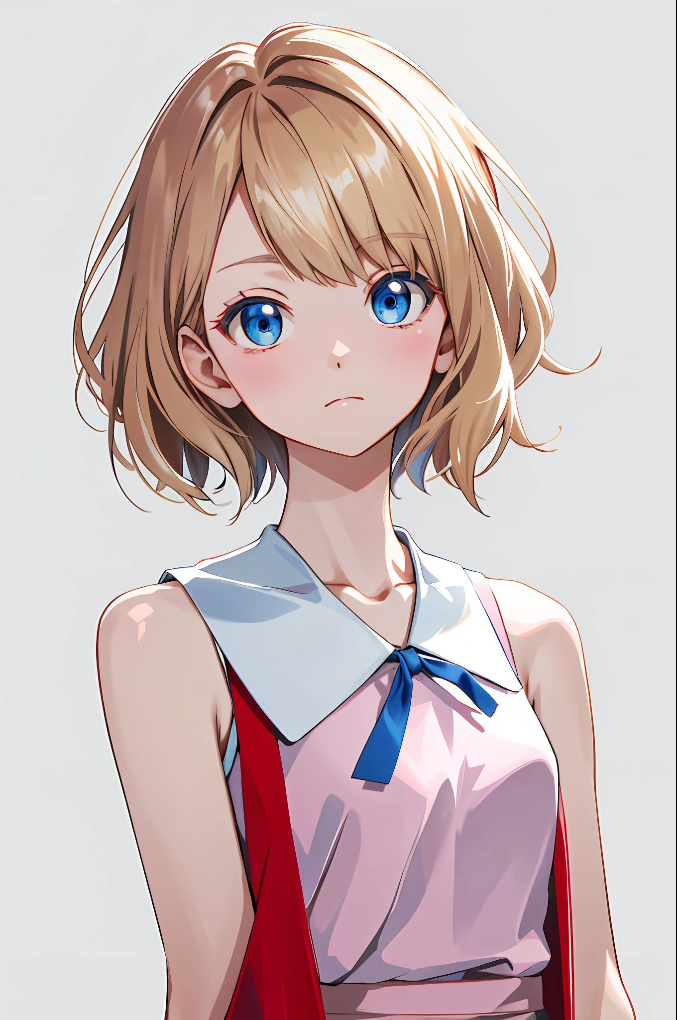 masterpiece, best quality, highres, serena \(pokemon\), short hair, blue eyes, 1girl, solo, blue ribbon, eyelashes, neck ribbon, sleeveless, bangs, collarbone, bare arms, pink dress , red coat, white background, front, no scenery, looking at the viewer,upper body, facing viewer, solid color background, clean background, facing the camera, high resolution, expressionless calm face, white back ground, looking away, simple_background