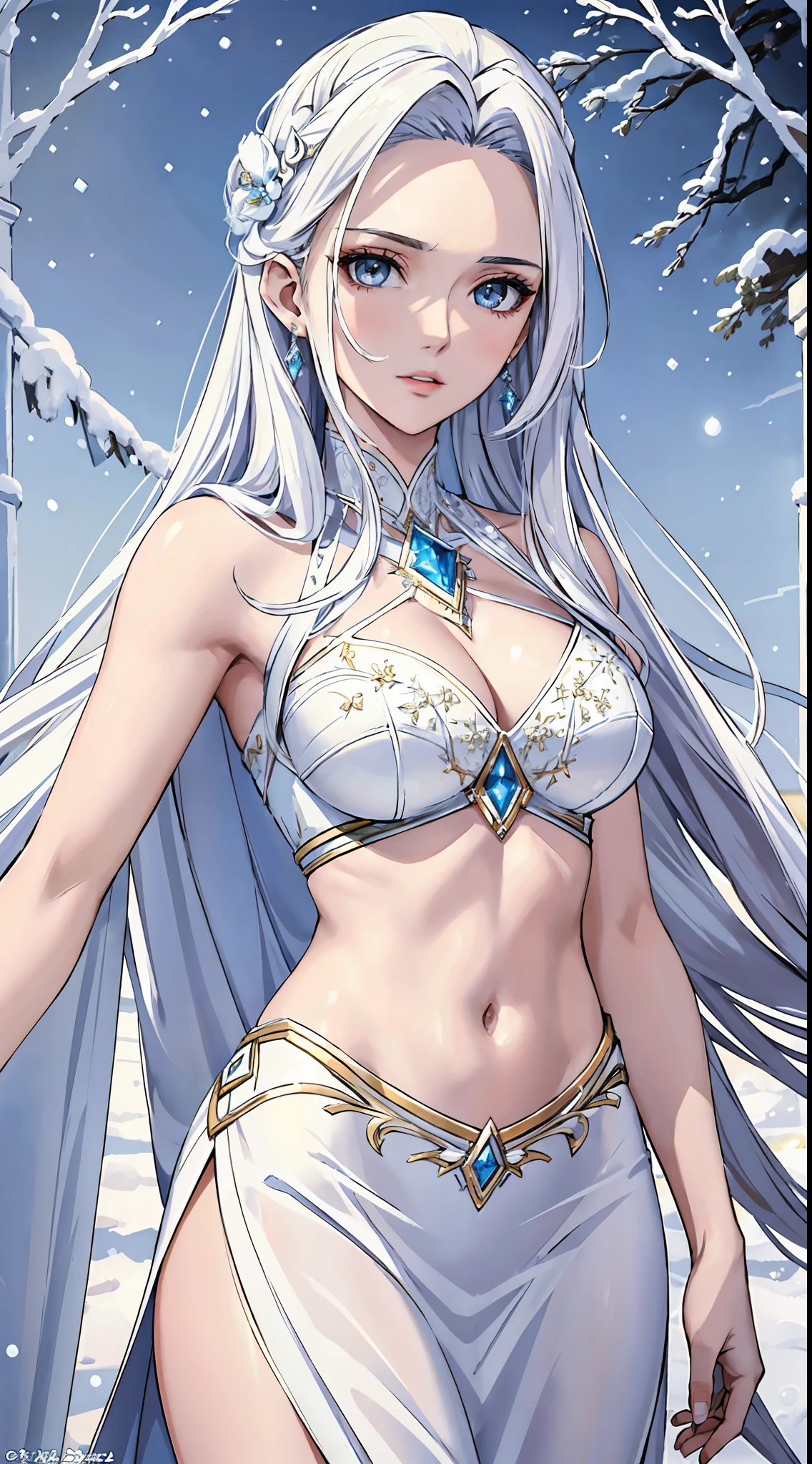 (masterpiece: 1.2, best quality), beautiful, a 23-year-old woman, freezing hair, ice goddess, (bright white eyes), extremely detailed face, beautiful detailed eyes, defined jaw, (perfect anatomy), wearing a majestic dress, midriff, textured skin, cold lighting, snow, winter