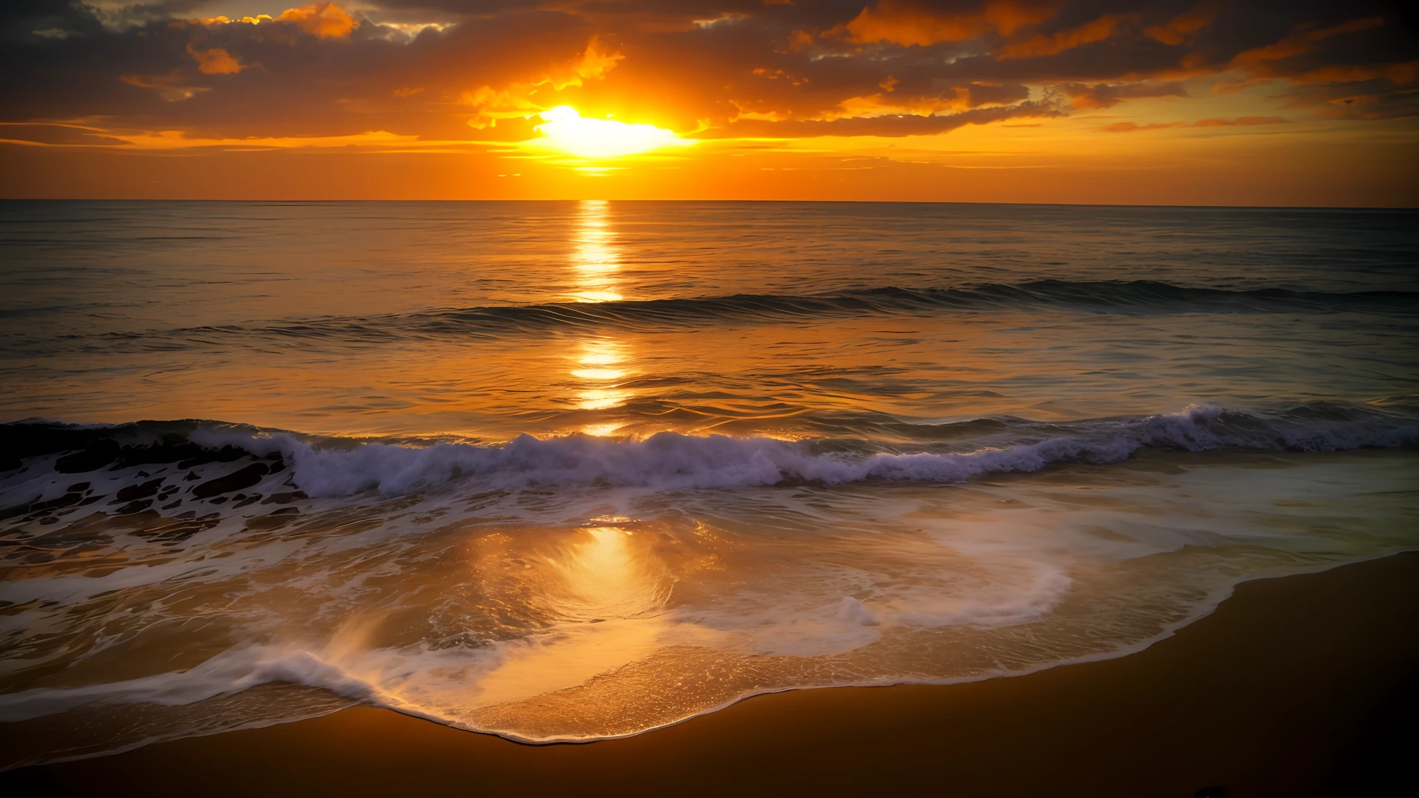 arafed view of a sunset over the ocean with waves, which shows a beach at sunset, sunset at the beach, the most beautiful sunset, beach sunset background, sunset on the beach, golden sunset, on the beach during sunset, at the beach on a sunset, golden hour time, at the golden hour, warm beautiful scene, at a beautiful sunset