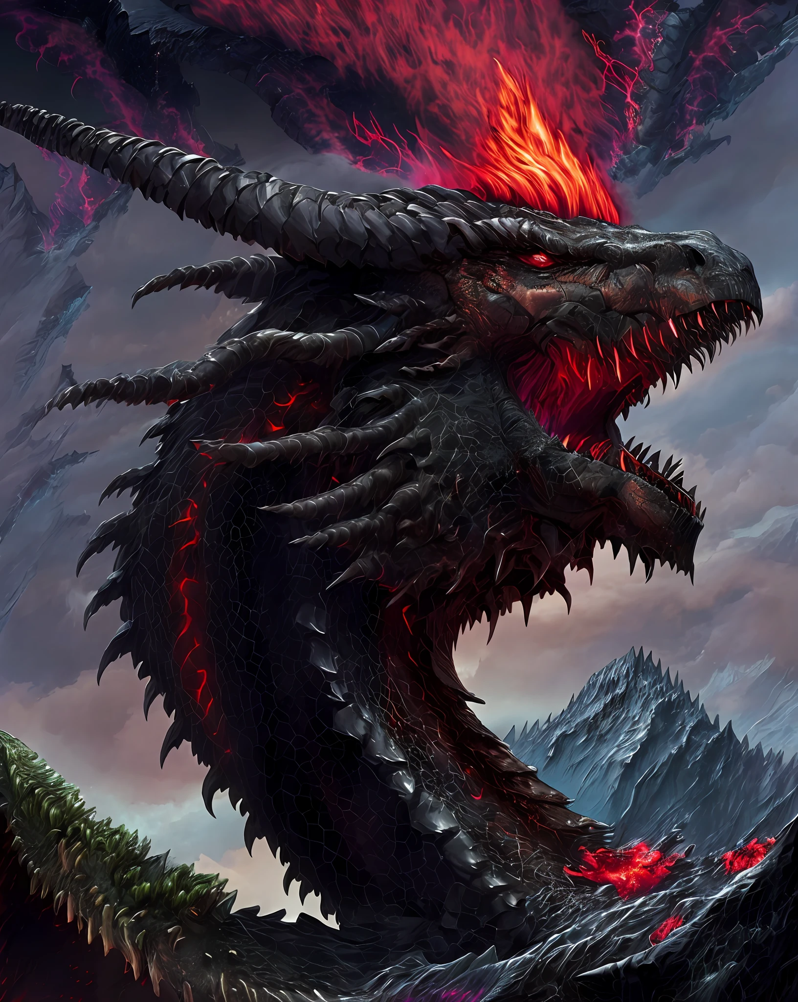 Apocalyptic portrait of an evil black dragon with glowing red eyes, detailed scales, twisted horns and a volcano erupting in the background