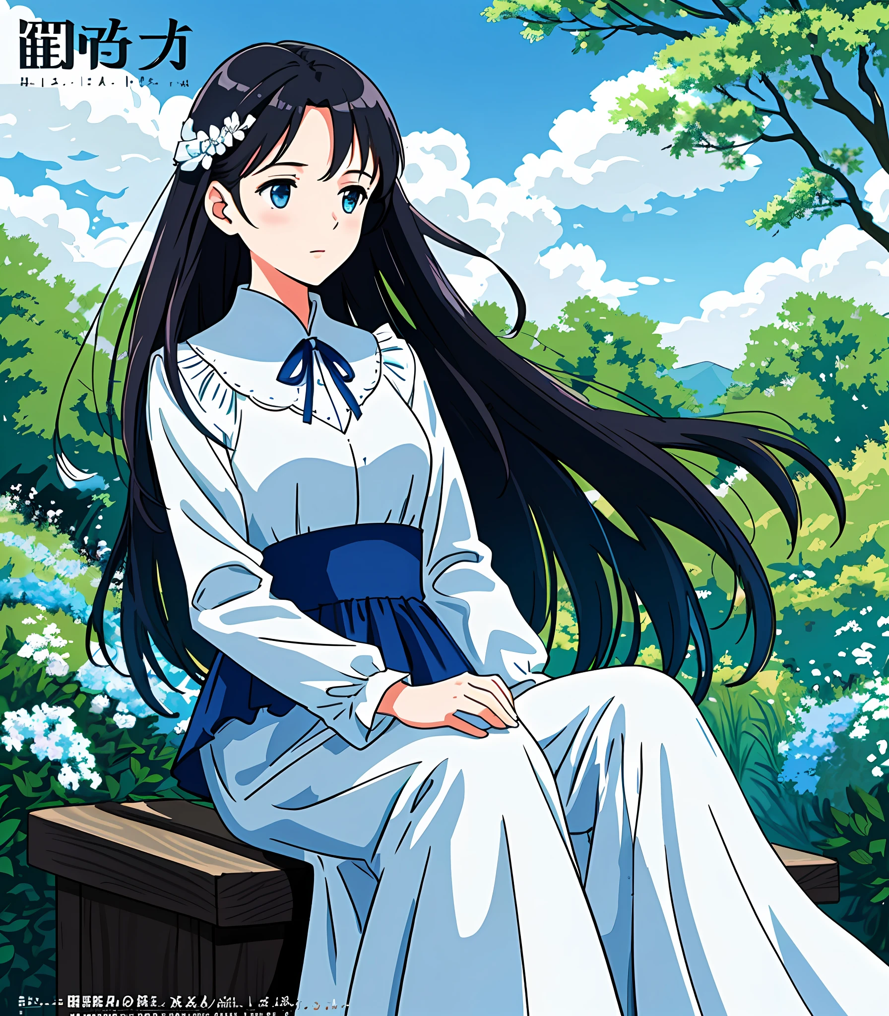 Beautiful and elegant, the girl sits on a light tulle, facing a blue sky and white clouds, behind the trees and scenery, mysterious and quiet, subtle emotions circulating in the air. Magazine cover
