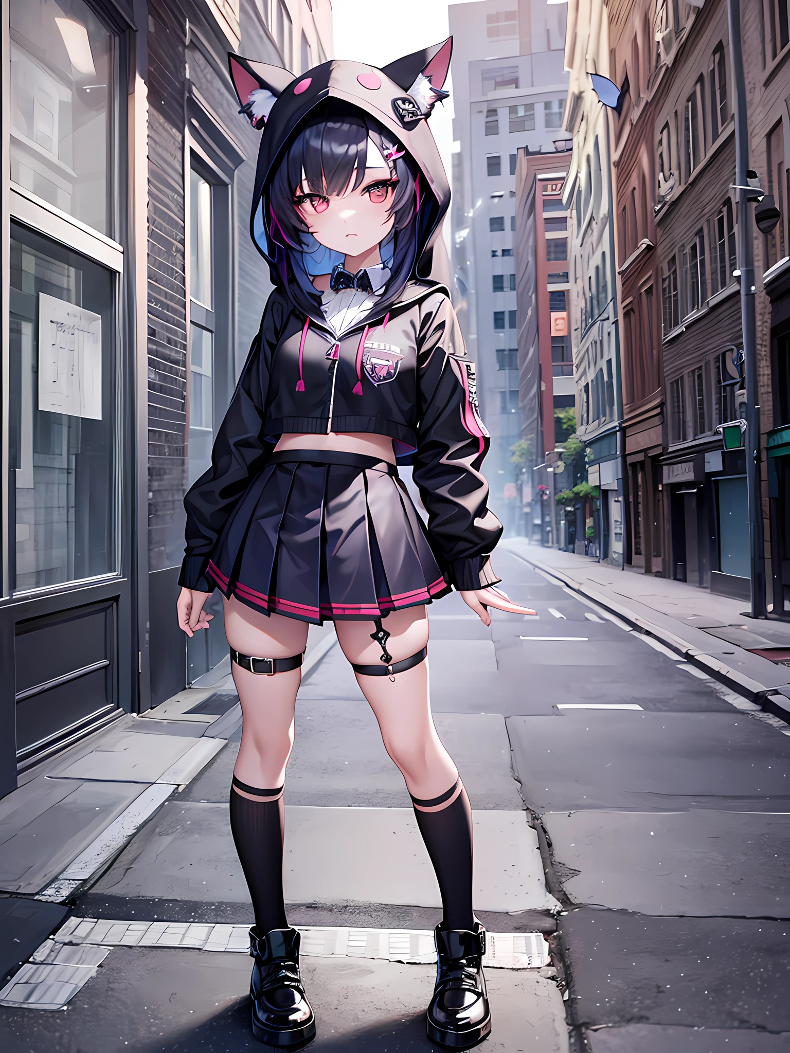 ((chibi fullbody)), solo, 1girl, gothic school girl with animal ear hoodie, school uniform, pleated skirt, punk collar, dark vibes, scary, render, butterflies, bugs, (best quality, ultra-detailed), standing and still pose, looking at viewer,masterpiece, ultra-detailed, petite, short,