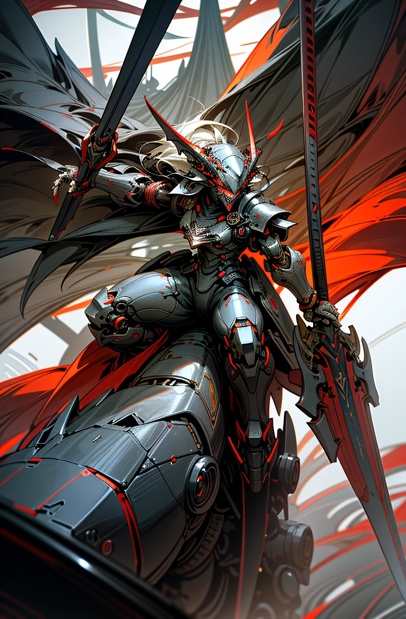 Dark_Fantasy, cyberpunk, 8K clear details (holding a Fang Tian Halberd, riding the Eastern Hell Demon Dragon Mecha, Red: 1.1), 1 person, mechanical miracle, robot existence, cybernetics guardian, beauty High contrast metallic texture Light and shadow