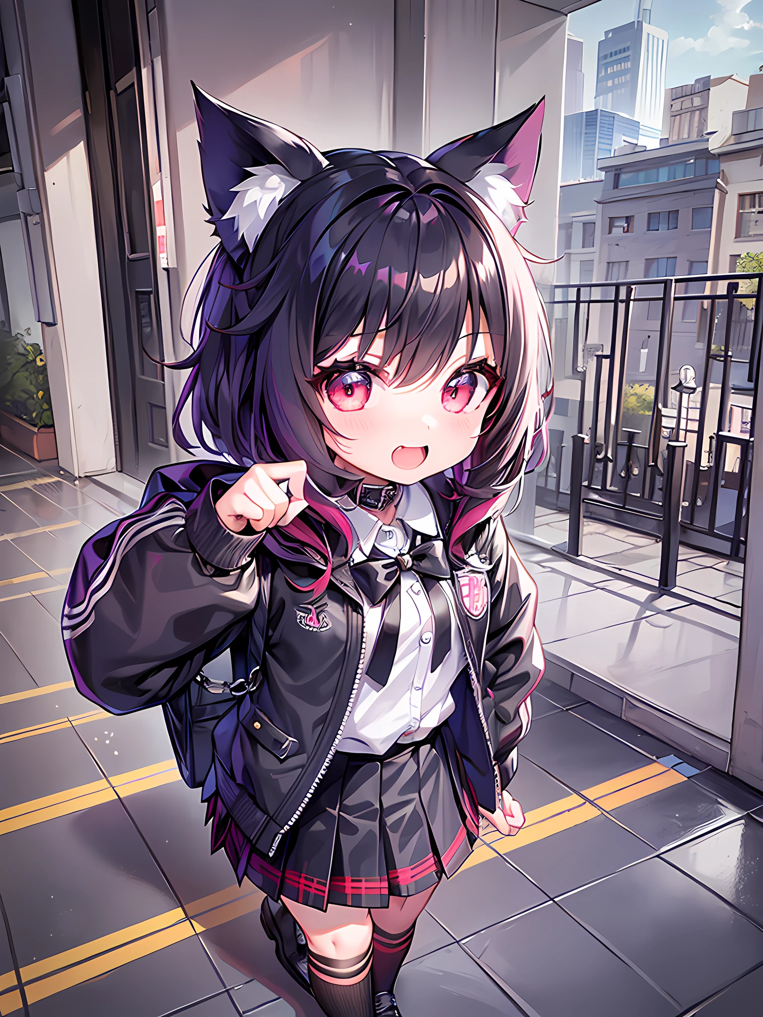((chibi fullbody)), solo, 1girl, gothic school girl with animal ear hoodie, school uniform, pleated skirt, punk collar, dark vibes, scary, render, butterflies, bugs, (best quality, ultra-detailed), standing and still pose, looking at viewer,masterpiece, ultra-detailed, petite, short,