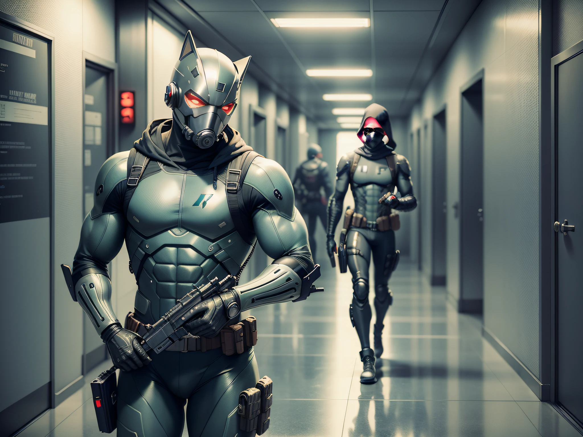 In the hallway there is a man in a mask and a gun, bank heist movie, stealth suit, 2D rendered character art 8 K, cyberpunk street thug, bank robbery movie, avant-garde assassin, security agent, Jetstream Sam from Gear Solid, bank robbery, Metal Gear solid style, badass anime 8 K, background of Resident Evil game, video game characters, money grab