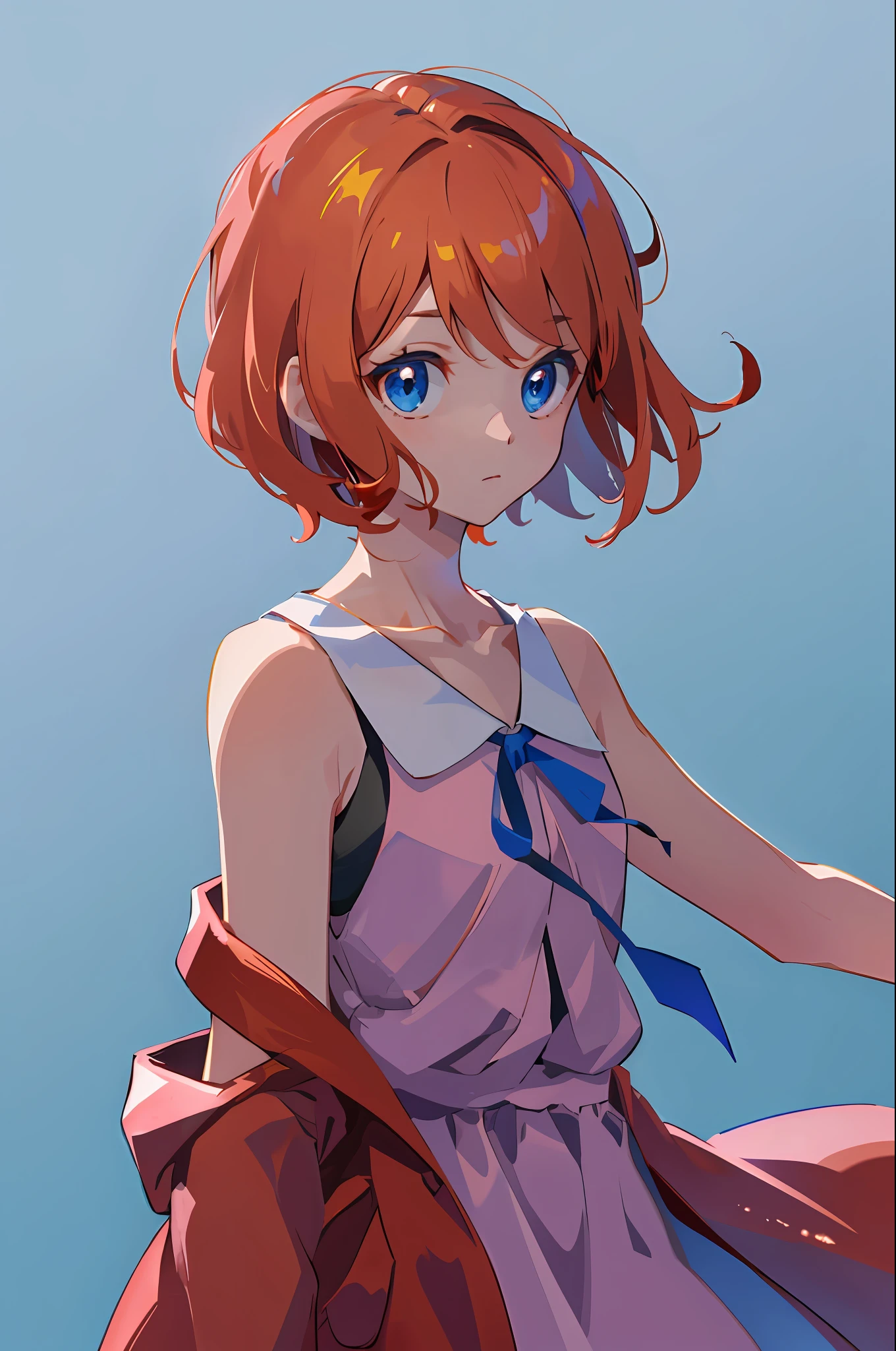 masterpiece, best quality, highres, serena \(pokemon\), short hair, blue eyes, 1girl, solo, blue ribbon, eyelashes, neck ribbon, sleeveless, bangs, collarbone, bare arms, pink dress , red coat, white background, front, no scenery, looking at the viewer,upper body, facing viewer, solid color background, clean background, facing the camera, high resolution, expressionless calm face, white back ground, looking away, simple_background