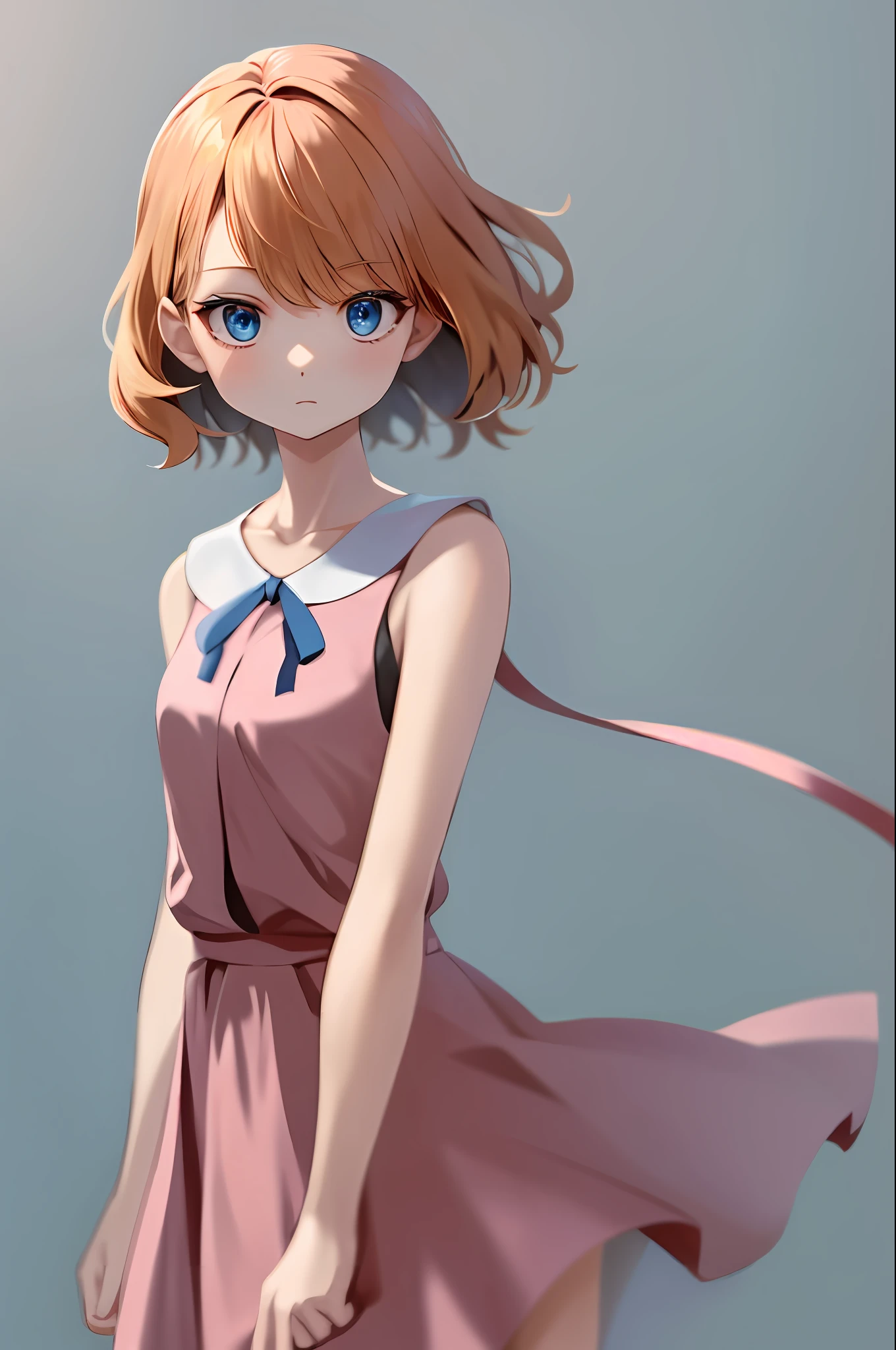 masterpiece, best quality, highres, serena \(pokemon\), short hair, blue eyes, 1girl, solo, blue ribbon, eyelashes, neck ribbon, sleeveless, bangs, collarbone, bare arms, pink dress , red coat, white background, front, no scenery, looking at the viewer,upper body, facing viewer, solid color background, clean background, facing the camera, high resolution, expressionless calm face, white back ground, looking away, simple_background