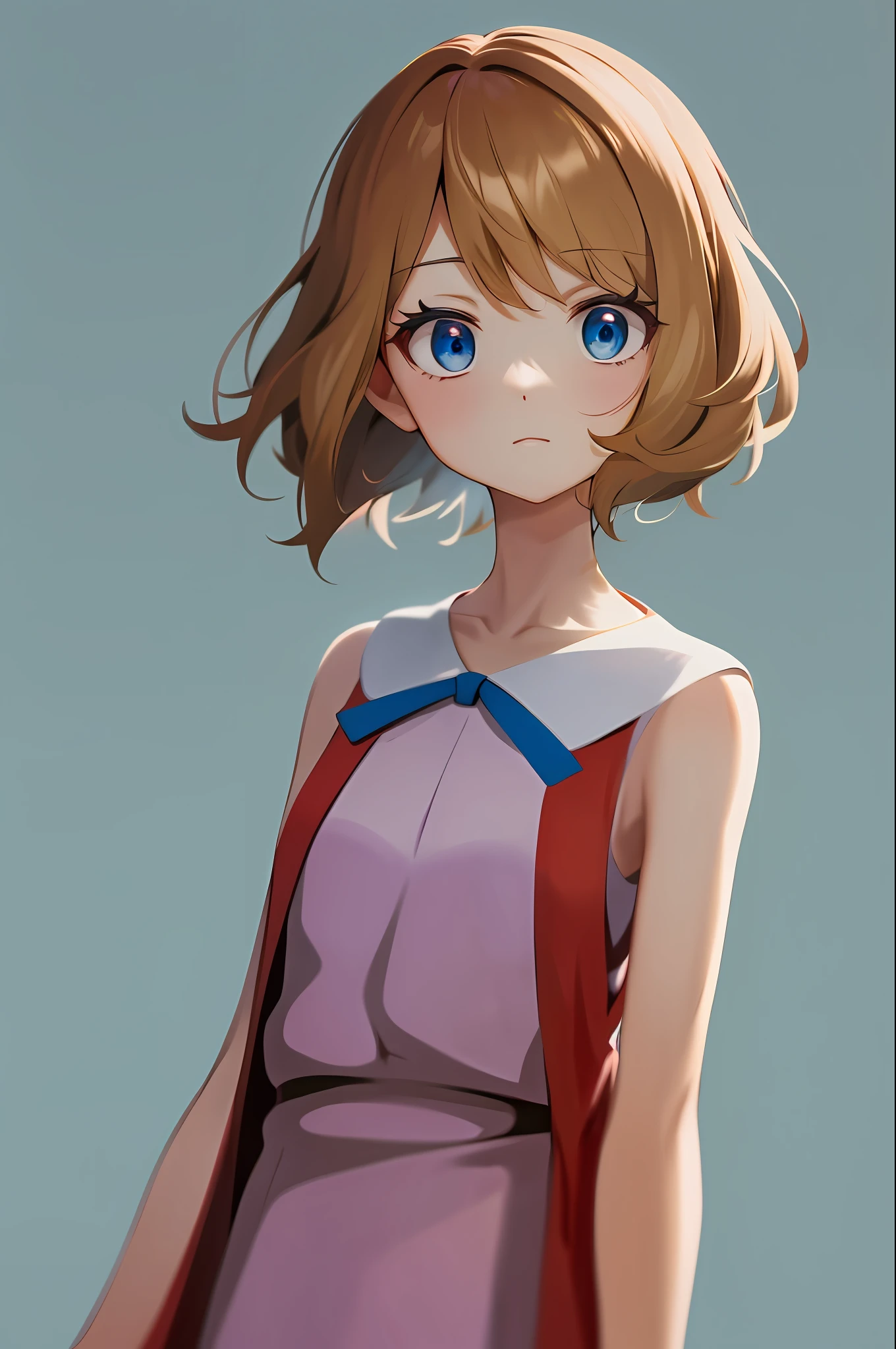 masterpiece, best quality, highres, serena \(pokemon\), short hair, blue eyes, 1girl, solo, blue ribbon, eyelashes, neck ribbon, sleeveless, bangs, collarbone, bare arms, pink dress , red coat, white background, front, no scenery, looking at the viewer,upper body, facing viewer, solid color background, clean background, facing the camera, high resolution, expressionless calm face, white back ground, looking away, simple_background