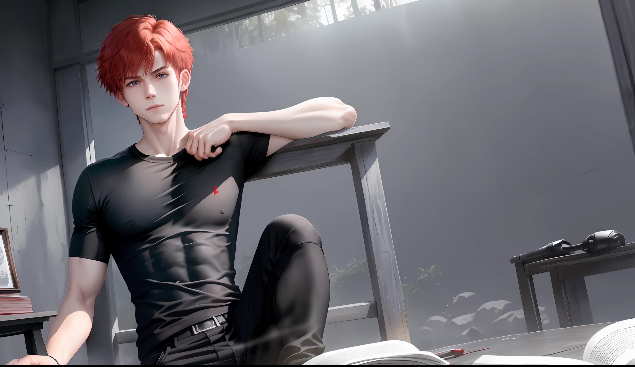 A young boy with white skin, short red hair, anime hair, straight hair, red hair hair, wavy hair, slin body, fitness body, strong body, sitting reading a book, fierce blue eyes, smiling, black clothes (black shirt and black pants),serious look, lighting, realistic lighting, Radiosity, particle rain, realistic particles, Close UP.