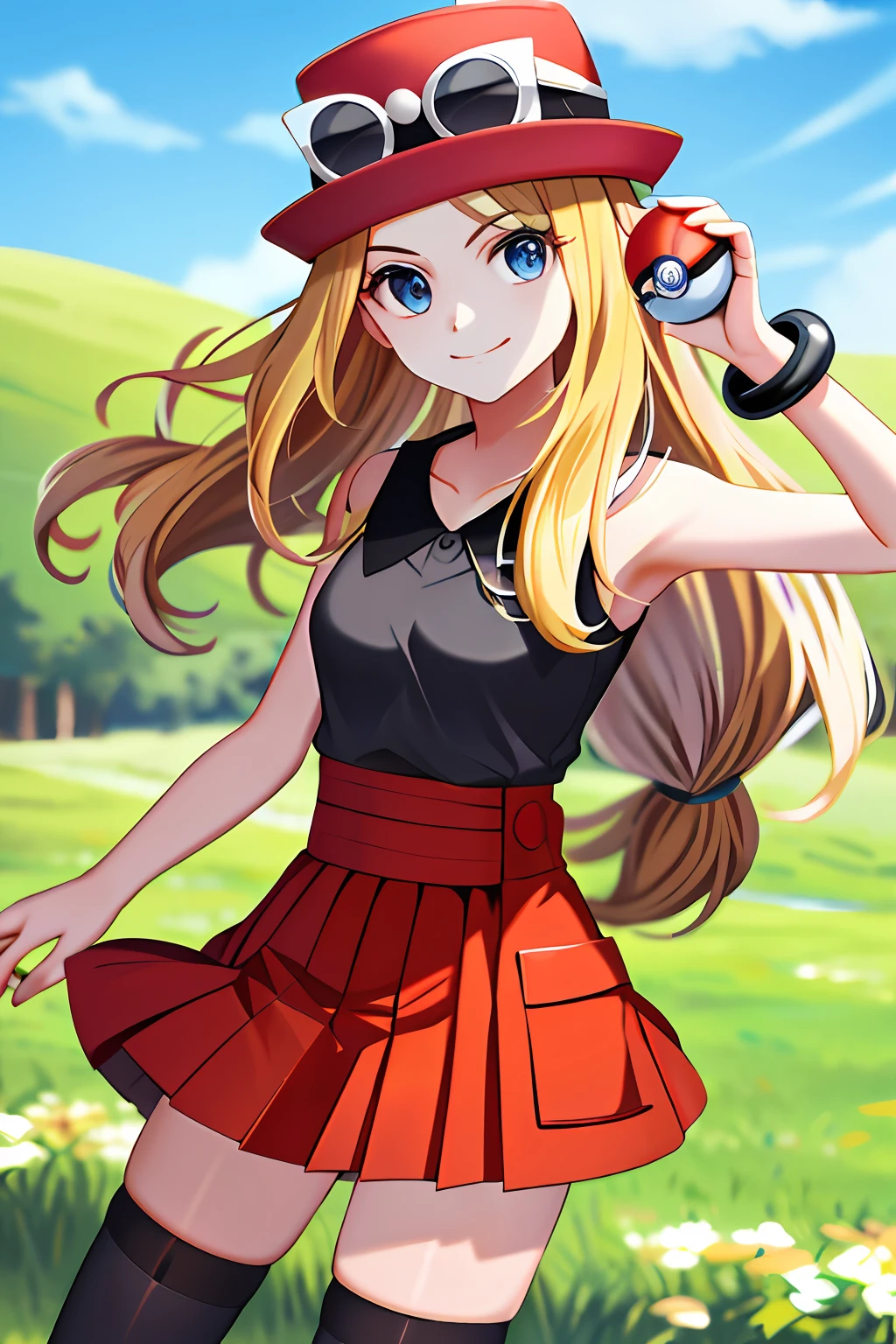 masterpiece, best quality, highres, blue eyes, serena \(pokemon\), 1girl, solo, thighhighs, long hair, hat, jewelry, bracelet, black thighhighs, collared shirt, pleated skirt, red skirt, sleeveless, high-waist skirt, sleeveless shirt, eyelashes, pink headwear, black shirt, eyewear on headwear, cowboy shot, field, poke ball \(basic\), smile, closed mouth, holding poke ball,