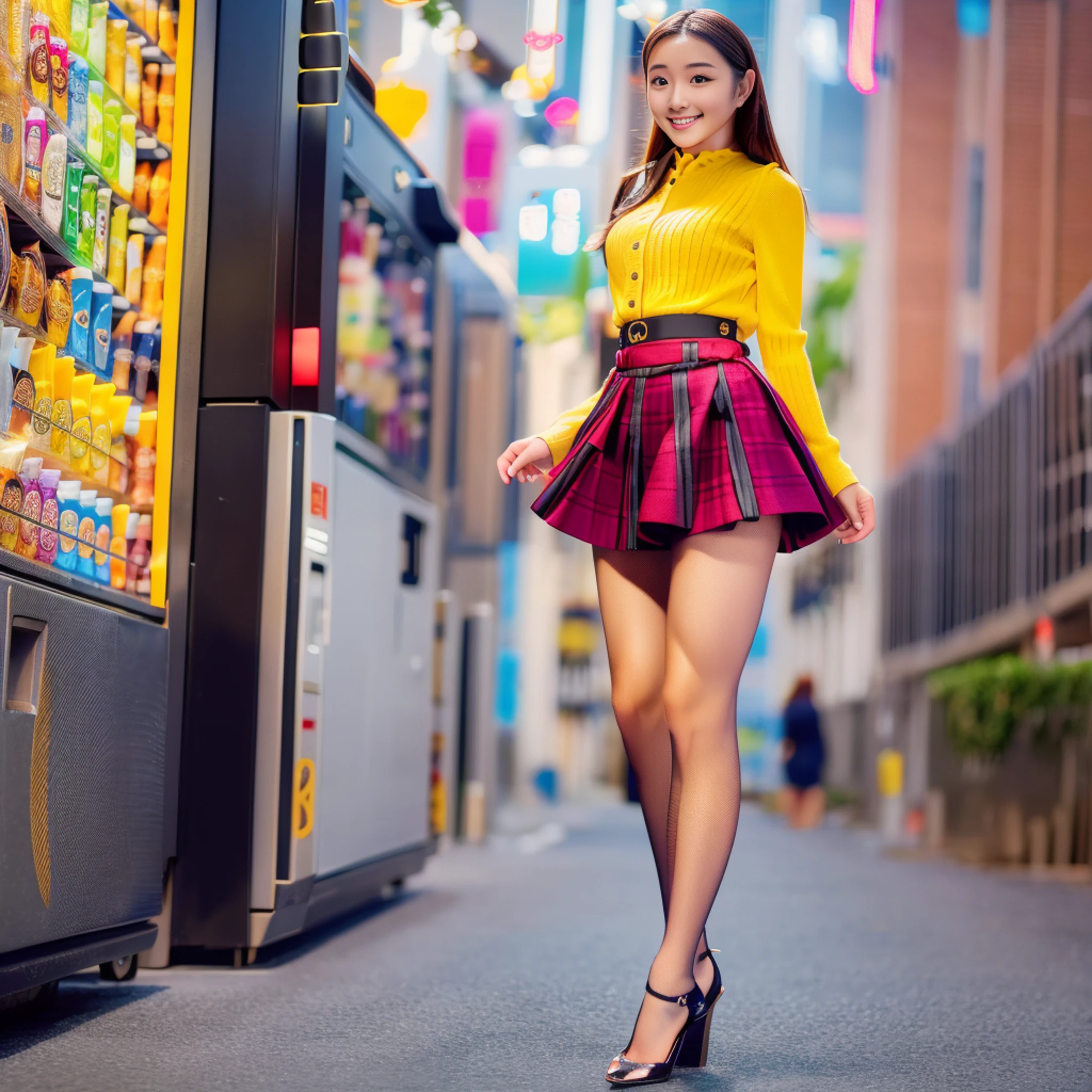 araffes in a skirt is standing in front of a vending machine, beautiful short skirt, short skirt, mini-skirt, short miniskirt, tight dress, wearing honey - themed miniskirt, miniskirt, wearing skirt, mini skirt, long legs, nice legs, tight attire, korean girl, in city street, juicy legs