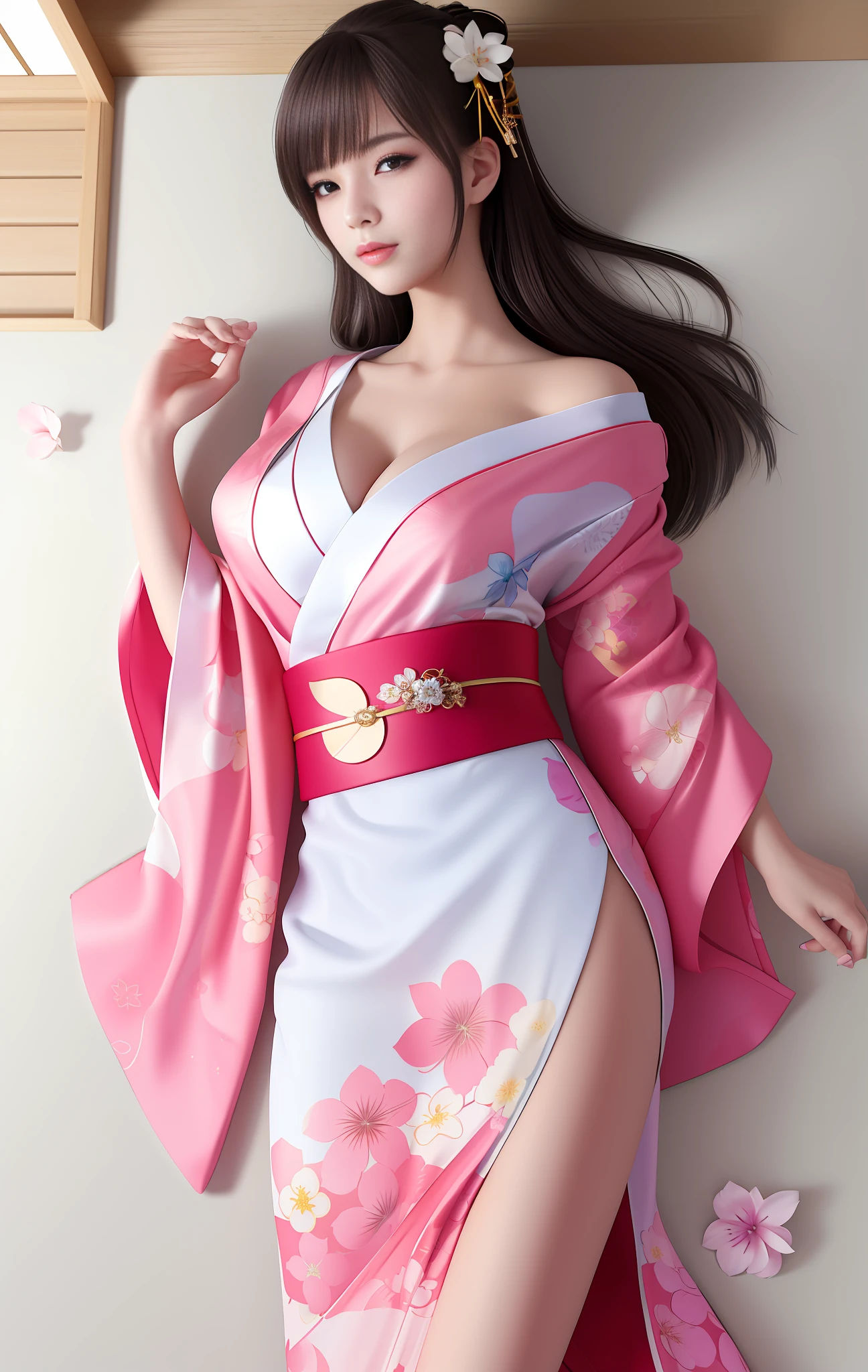 Top quality, masterpiece, high resolution, one girl, cherry blossom pattern yukata costume on white background, hair accessories, lying on kimono rising from the onsen, midnight background, beautiful face, physical, tyndall effect, realistic, dark studio, (high detail skin: 1.2), 8k uhd, DSLR, soft light, high quality, volumetric light, sneak shot, photography, high resolution, 4K, 8K, Bokeh, overhead view, back skin looks beautiful, clean skin legs, emphasis cleavage, chillerism, very relaxed, body is wet with sweat, candlelight on the floor, sexy look.