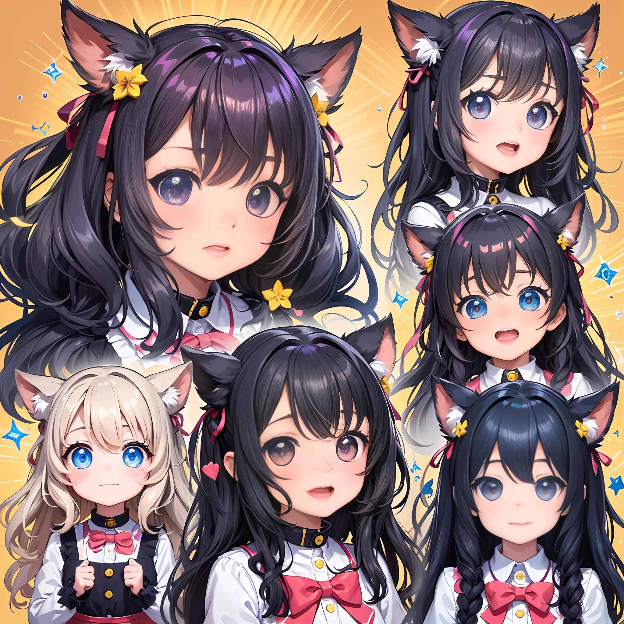An anime with various expressions: happy, sad, surprised, angry, curious, shy, and more. She has a cute and charming appearance with big sparkling eyes and rosy cheeks. Masterpiece, official art, 8k, best quality, highly detailed, anime style:1.2, little girlus expressions:1.2, cute and charming:1.2.