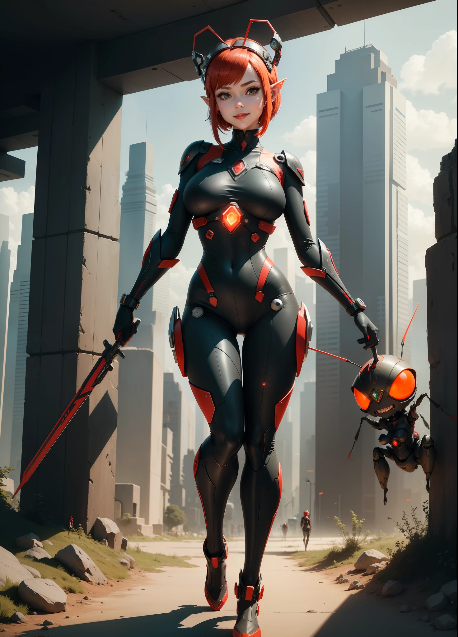 (Full body),Princess Zelda as humanoid ant with antennae, large breasts, (red and black/bionic ant body suit with weapons attached), looking at the viewer, smile, face with red cheek, red lipstick on her mouth, she has very short red hair and green eyes, she is in a futuristic city, 16k, highres, best quality, award-winning, high details, anatomically correct, masterpiece, UHD, ccurate, retina