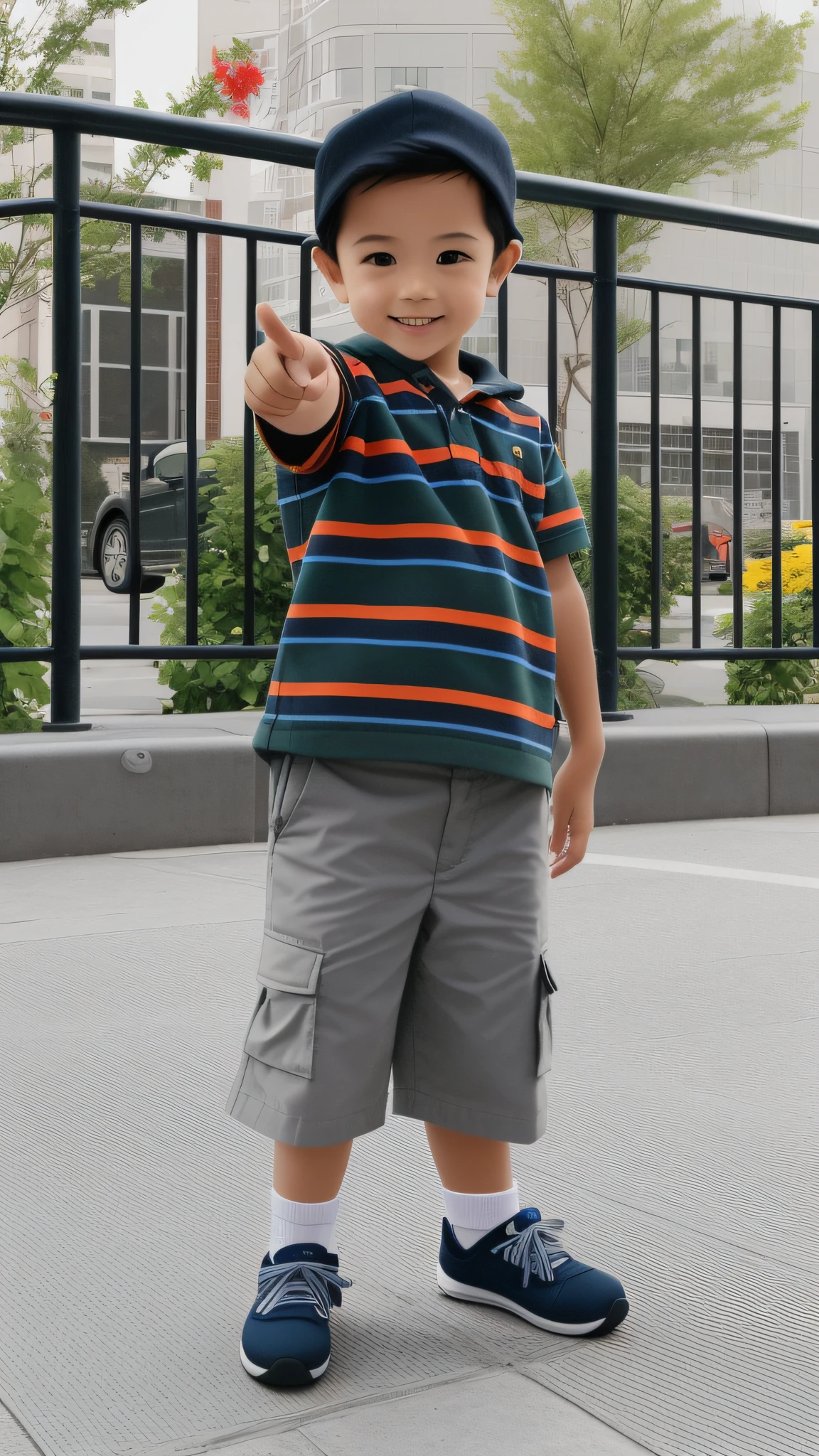 There is a little boy standing on the sidewalk, triumphant pose, victory gesture, waving at the camera, 3 years old, cute boy, small child, pointing to the camera