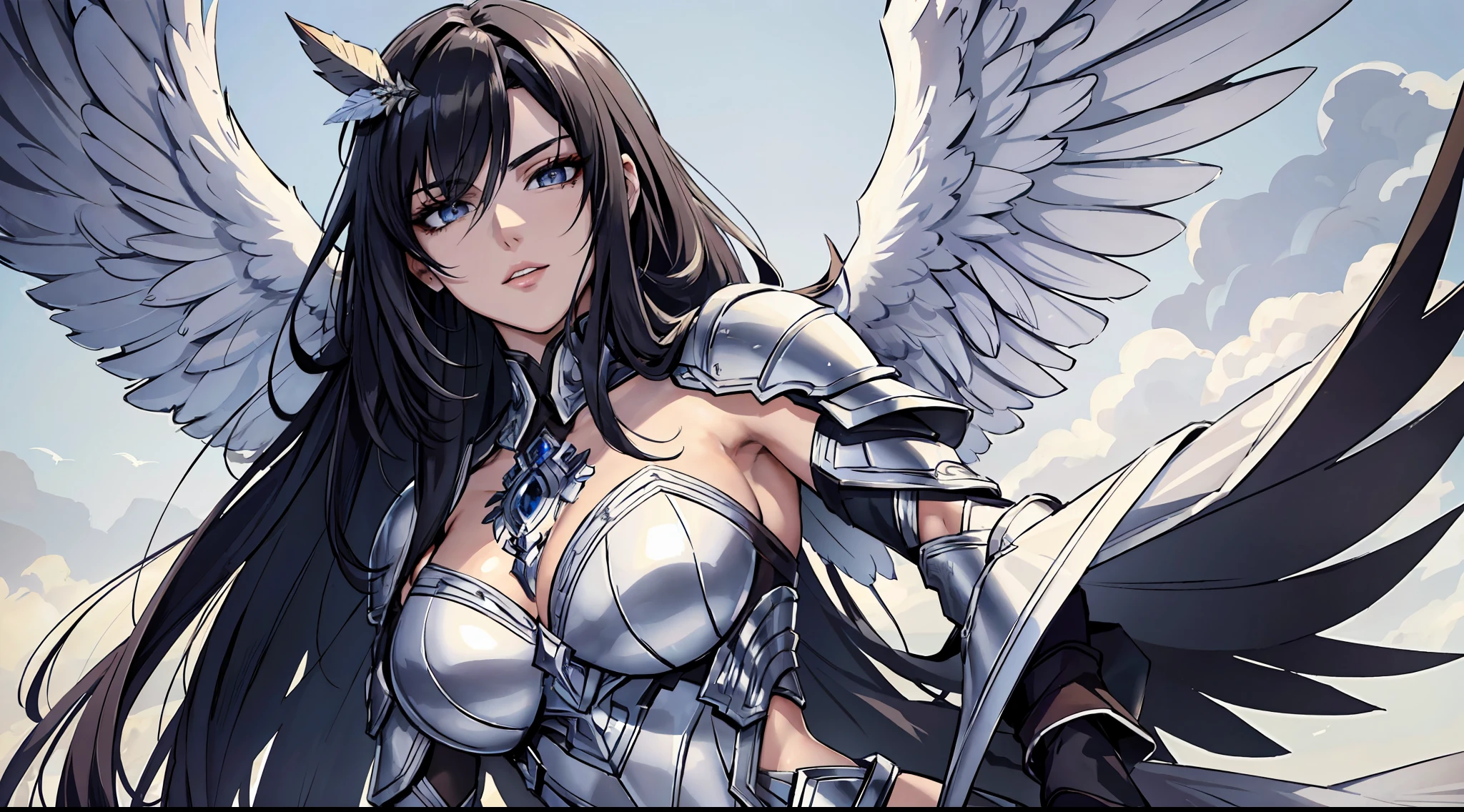 (masterpiece: 1.2, best quality), beautiful, a 23-year-old woman, Fallen Angel (white eyes), extremely detailed face, beautiful detailed eyes, defined jaw, (perfect anatomy), wearing dark armor, Flying feathers, textured skin, Cold lighting